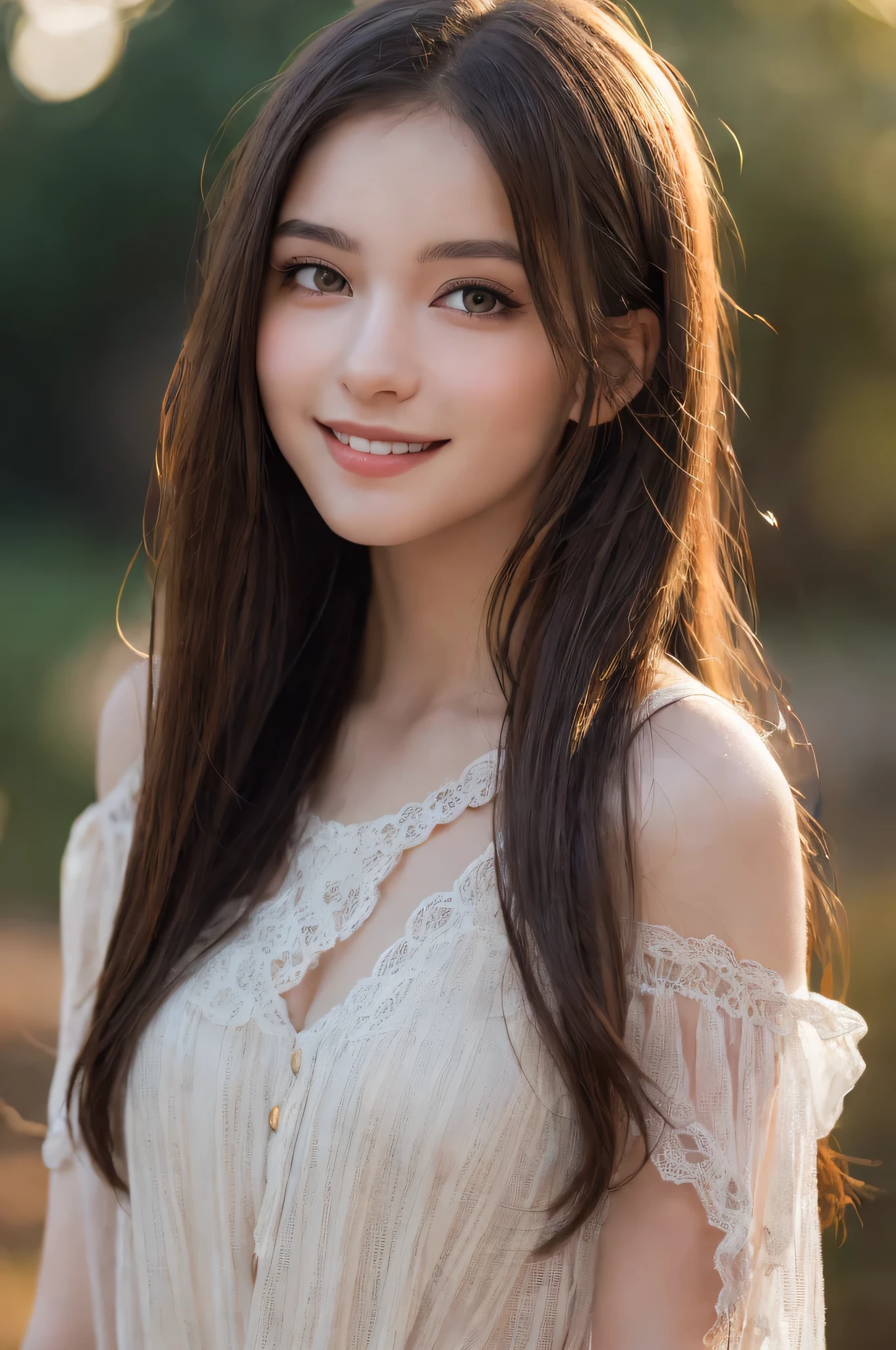 (best quality), (ultra-detailed), (llustration), (detailed light), (an extremely delicate and beautiful), 1young girl, long hair, brown eyes, (smile slightly, Innocent and cute expression), model, Enchanting, Sublime, Ethereal, fantastic, extremely detailed CG unified 8k wallpaper, High-definition raw color photos, professional photography, (Bokeh), twilight, Golden hour, Backlighting, depth of fields,