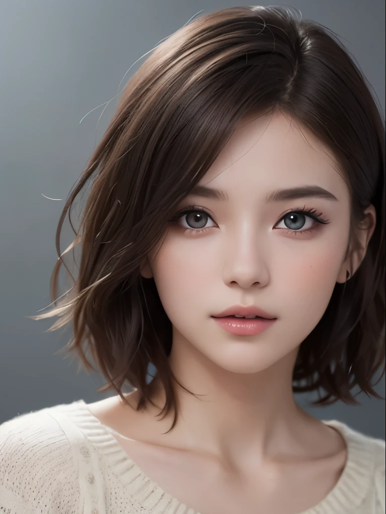 highest quality、masterpiece、ultra high resolution、(photorealistic:1.3)、Raw photo、(1girl), beautiful face, (realistic face), (dark brown hair、short hair:1.3), beautiful hairstyle, realistic eyes, beautiful detailed eyes, (realistic skin), beautiful skin, (sweater), disorganized, Charm, ultra high resolution, Super realistic, High definition, golden ratio、Gray background