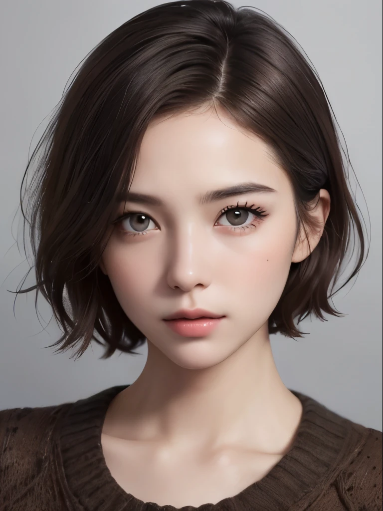 highest quality、masterpiece、ultra high resolution、(photorealistic:1.3)、Raw photo、(1girl), beautiful face, (realistic face), (dark brown hair、short hair:1.3), beautiful hairstyle, realistic eyes, beautiful detailed eyes, (realistic skin), beautiful skin, (sweater), disorganized, Charm, ultra high resolution, Super realistic, High definition, golden ratio、Gray background