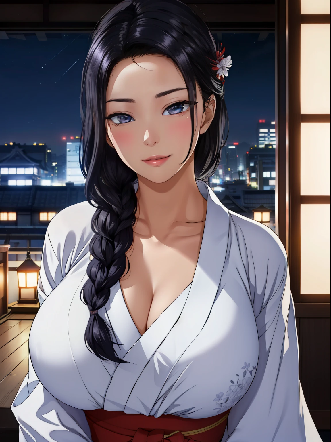 (night:1.7), Japan, Tokyo, City view, in front of the window,
looking at the viewer, (fascinating look:1.2), Happy, 笑face,
(white_kimono:1.3),cleavage,
black_hair, length_hair, hair_pulled_return,Broke up_lips,purple_eye, Braid,
1 girl, 24-years-old,mature woman,beautiful Finger,beautiful length legs,beautiful body,beautiful Nose,beautiful character design, perfect eye, perfect face, perfect fingers, perfect hands, 完璧なchest, perfect body,
looking at the viewer, in the center of the image,
NSFW,official art,highly detailed body, exteremly detailed face, extremely detailed hair, extremely detailed eye, wallpaper, perfect lighting,colorful, bright_front_face_lit,
(masterpiece:1.0),(Highest_quality:1.0), 超High resolution,4k,super detailed,
photograph, 8k, HDR, High resolution, disorganized:1.2, kodak portrait 400, film grain, blurry returnground, Bokeh:1.2, Lens flare, (lively_color:1.2)
(beautiful,big_chest:1.4), (beautiful_face:1.5),(narrow_waist),