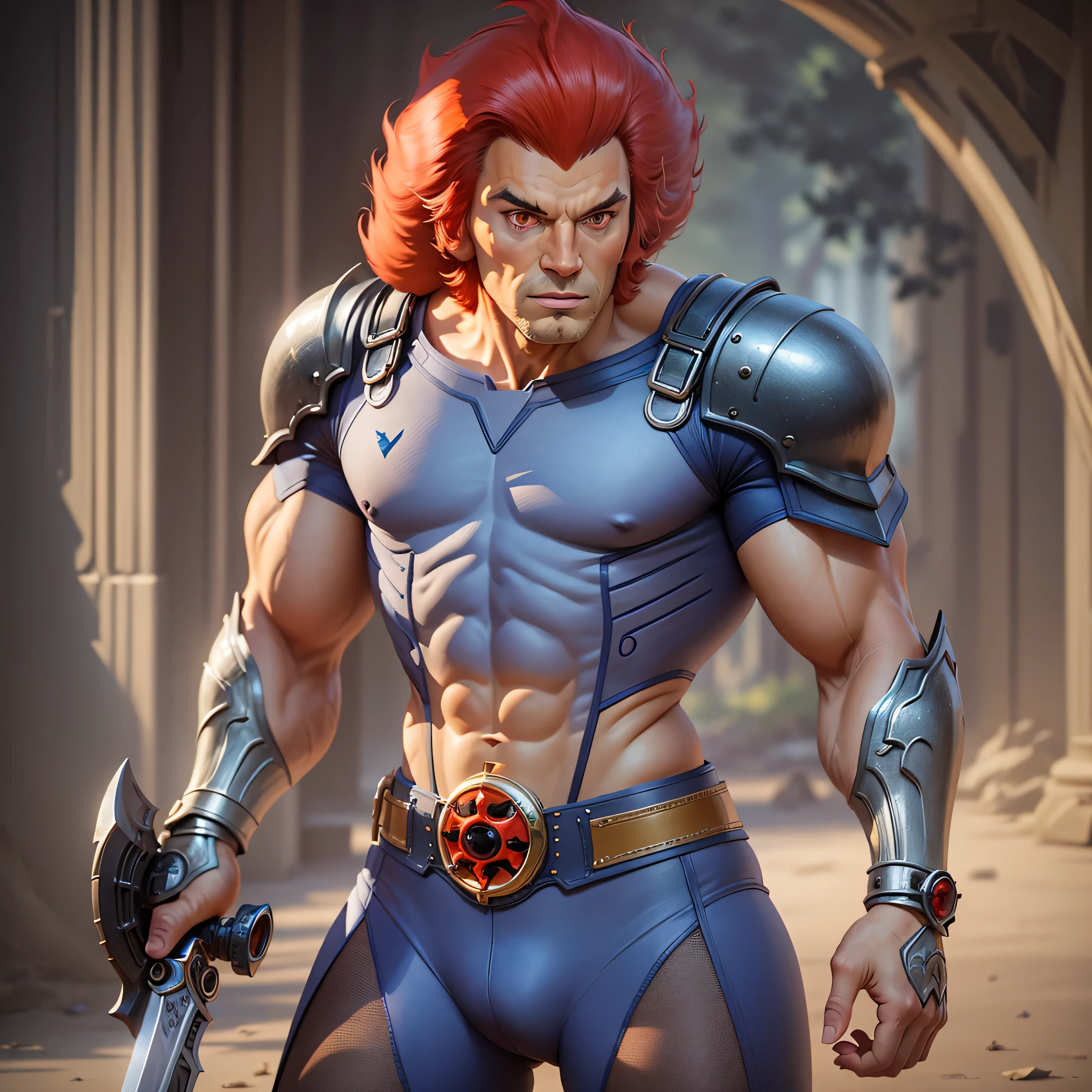 King lion-o, (best quality:1.13), (realistic:1.1), (detailed:1.15),(skin details), Dappled Light, (look at viewer), (skin texture), (realistic texture skin), cinematic light, side lighting, ultra high res, best shadow, lightroom, cinematic, (intricate:1.4), high quality, intricate details, low contrast, detailed, lion-oQuiron character, 1boy with Lion features, red hair, sword, rampage, blue outfit, photo-realistic, octane render, unreal engine, ultra-realistic, super photo-realistic