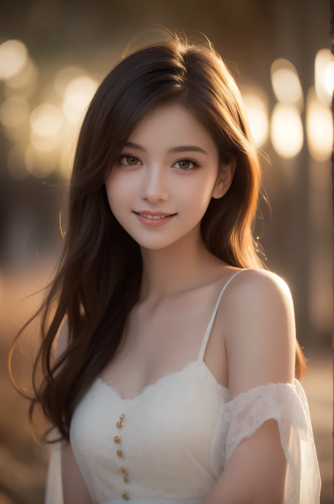 (best quality), (ultra-detailed), (llustration), (detailed light), (an extremely delicate and beautiful), 1young girl, long hair, brown eyes, (smile slightly, Innocent and cute expression), model, Enchanting, Sublime, Ethereal, fantastic, extremely detailed CG unified 8k wallpaper, High-definition raw color photos, professional photography, (Bokeh), twilight, Golden hour, Backlighting, depth of fields,
