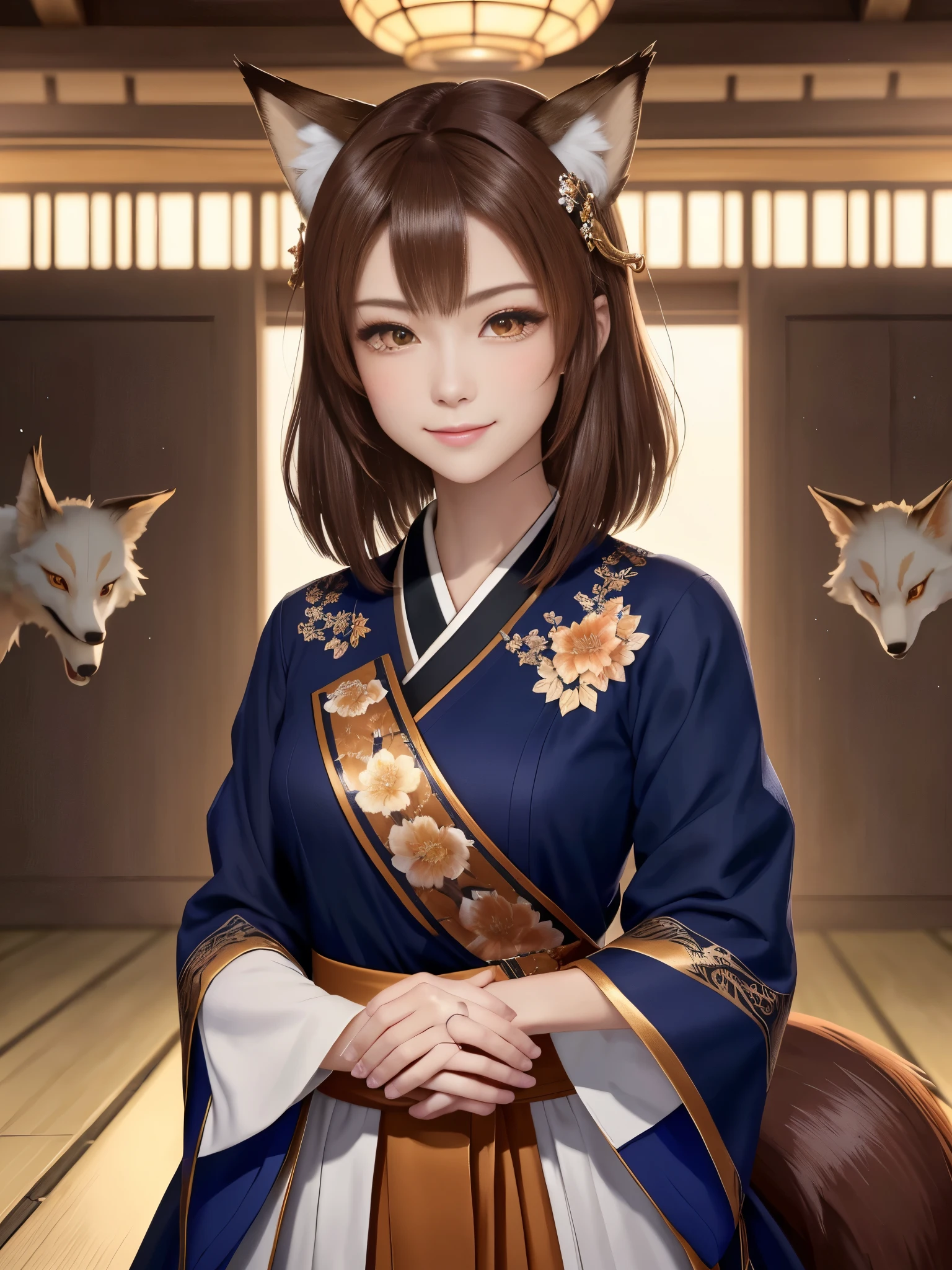 masterpiece , best quality,close up of face,smile,the whole body is facing forward,bright brown hair,brown eyes,sharp contrast,Berry Short,short hair,美しいフォルムのshort hair,just one person,precision quality,, masterpiece, japanese architectureの背景,beautiful details, colorful, delicate details, delicate lips, intricate details, genuine, ultrargenuineista, 枝に座っている色とりどりの髪のFoxを持つ女の子:Mature, bright eyes, ,色とりどりのFox, raposa de nine tails, 三尾Fox, 三尾Fox, onmyoji detail art, beautiful fine art illustration, mythical creatures, Fox, beautiful digital art,shrine maiden,japanese architecture,hold hands,exquisite digital illustration, mizutsune, Inspired by mythical wild web creatures, pixiv in digital art, shining light, high contrast, Mysterious,