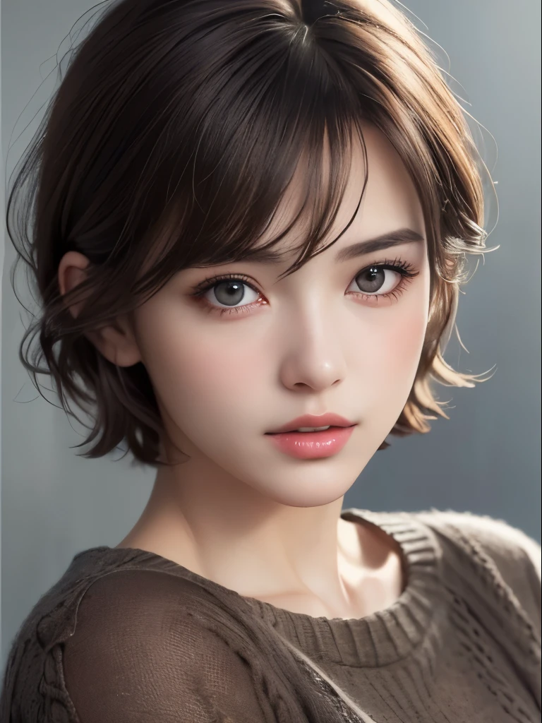 highest quality、masterpiece、ultra high resolution、(photorealistic:1.3)、Raw photo、(1girl), beautiful face, (realistic face), (dark brown hair、short hair:1.3), beautiful hairstyle, realistic eyes, beautiful detailed eyes, (realistic skin), beautiful skin, (sweater), disorganized, Charm, ultra high resolution, Super realistic, High definition, golden ratio、Gray background