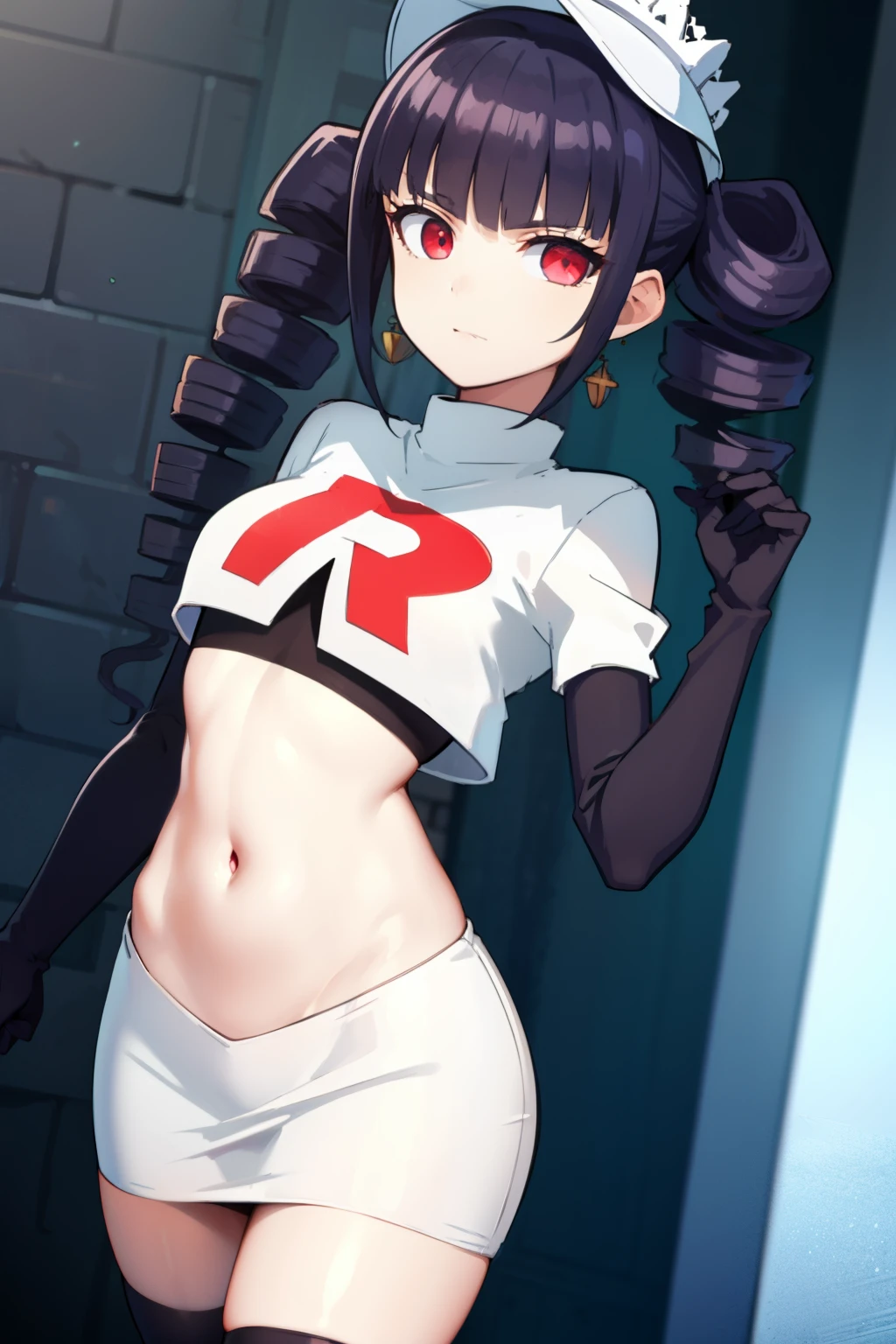 celestialudenberg, celestia ludenberg, long hair, bangs, black hair, (red eyes:1.3), long sleeves, twintails, drill hair, twin drills,
BREAK jewelry, earrings, bonnet, team rocket,team rocket uniform,white skirt,red letter R,crop top,black thigh-highs,black elbow gloves
BREAK looking at viewer, (cowboy shot:1.5),
BREAK (masterpiece:1.2), best quality, high resolution, unity 8k wallpaper, (illustration:0.8), (beautiful detailed eyes:1.6), extremely detailed face, perfect lighting, extremely detailed CG, (perfect hands, perfect anatomy),