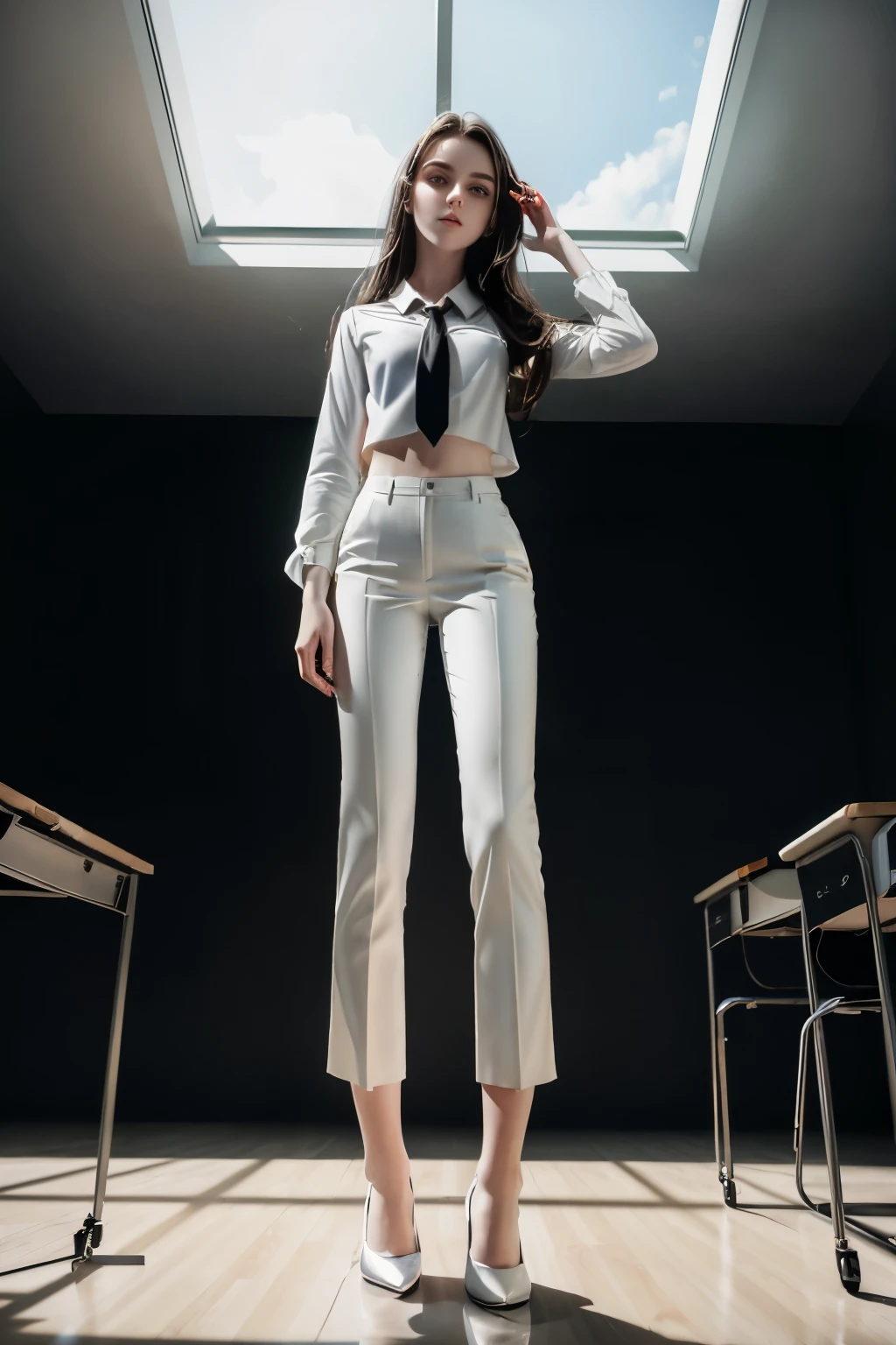 masterpiece, best quality, hyperrealistic, cinematic photo,  girl, pale skin, American amazing slim body, ((White cropped blouse with tie)), black velvet trousers, black shoes, long brown hair, holding a candle, perfect slender legs, wide hips, perfect hands, beautiful face, perfect face, youthful, (blured background), modern style, from below, (low-angle shoot), low_angle_human, towering, (full body shot), standing, underneath shot, (view viewer), looking at viewer,(8k, epic composition, photorealistic, sharp focus), detailed background, ((empty classroom)), (a summoning circle glowing), DSLR, foil grain, window light