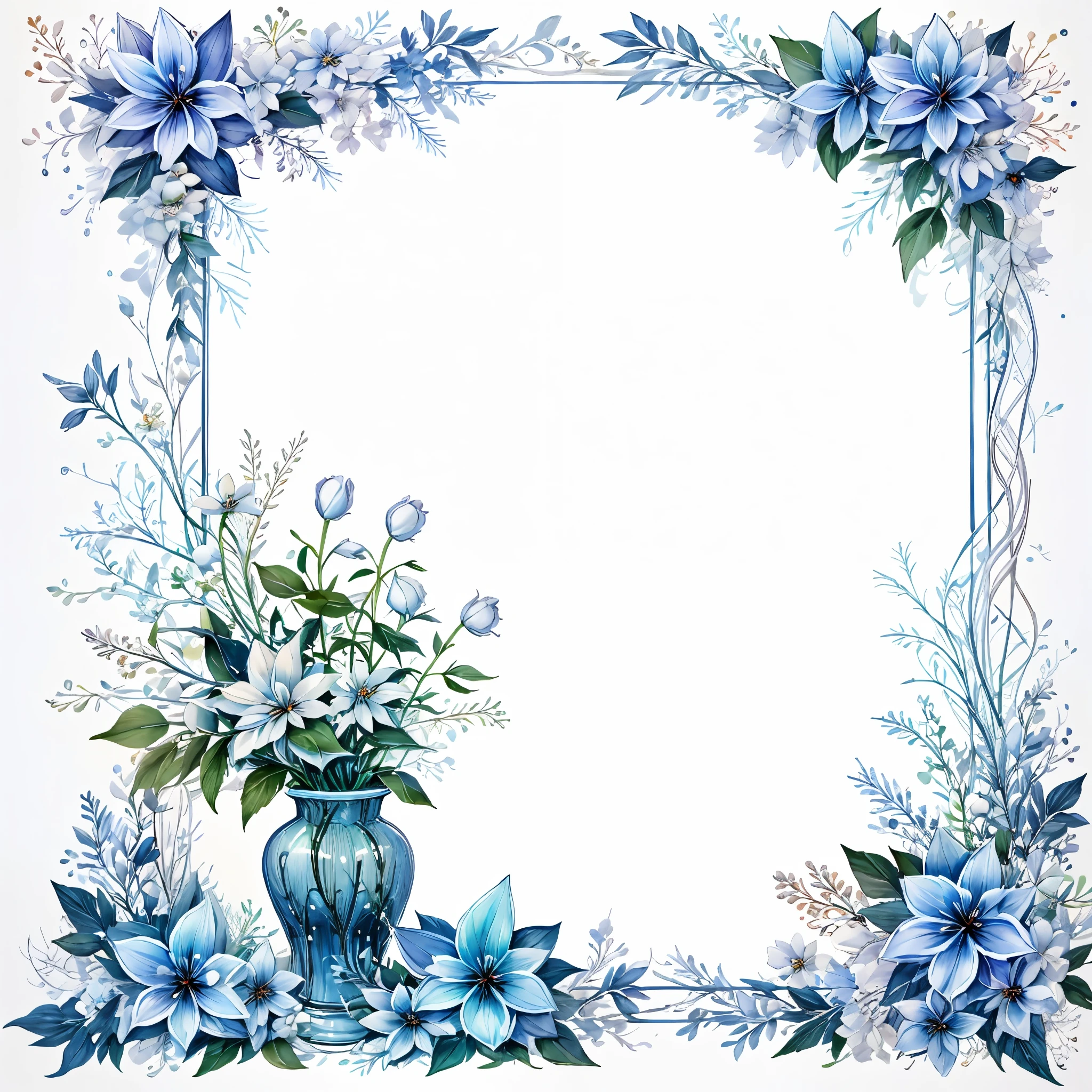 Winter Frame,blue bow,blue bowtie,blue flower,blue rose,blue theme,border,bouquet,camellia,daisy,floral background,flower,hibiscus,holding bouquet,holding flower,hydrangea,leaf,lily \(flower\),lily of the valley,lotus,morning glory,orange flower,petals,purple flower,shiny,simple background,snowflakes,spider lily,vase,white background,white flower,white rose,blank middle