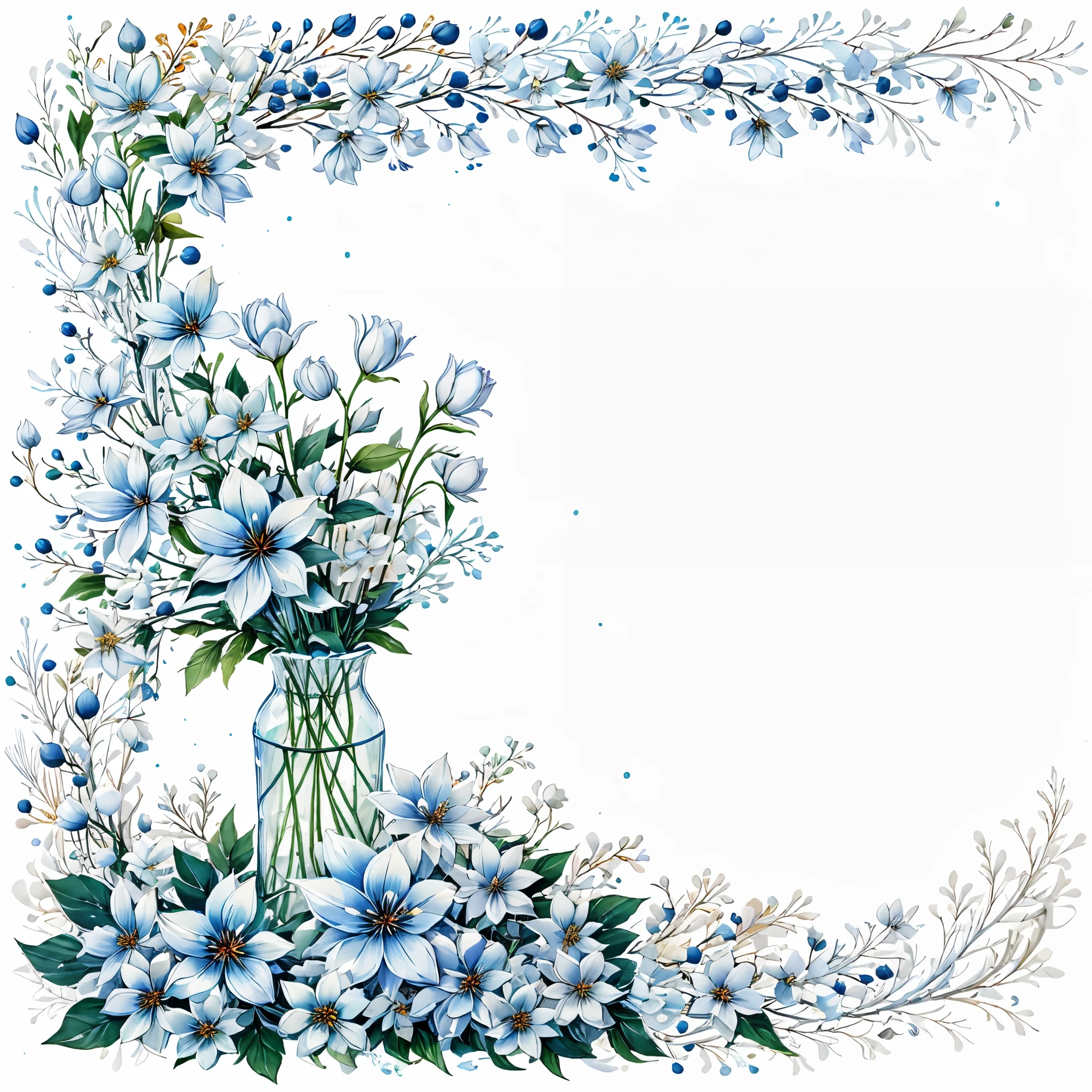 Winter Frame,blue bow,blue bowtie,blue flower,blue rose,blue theme,border,bouquet,camellia,daisy,floral background,flower,hibiscus,holding bouquet,holding flower,hydrangea,leaf,lily \(flower\),lily of the valley,lotus,morning glory,orange flower,petals,purple flower,shiny,simple background,snowflakes,spider lily,vase,white background,white flower,white rose,blank middle