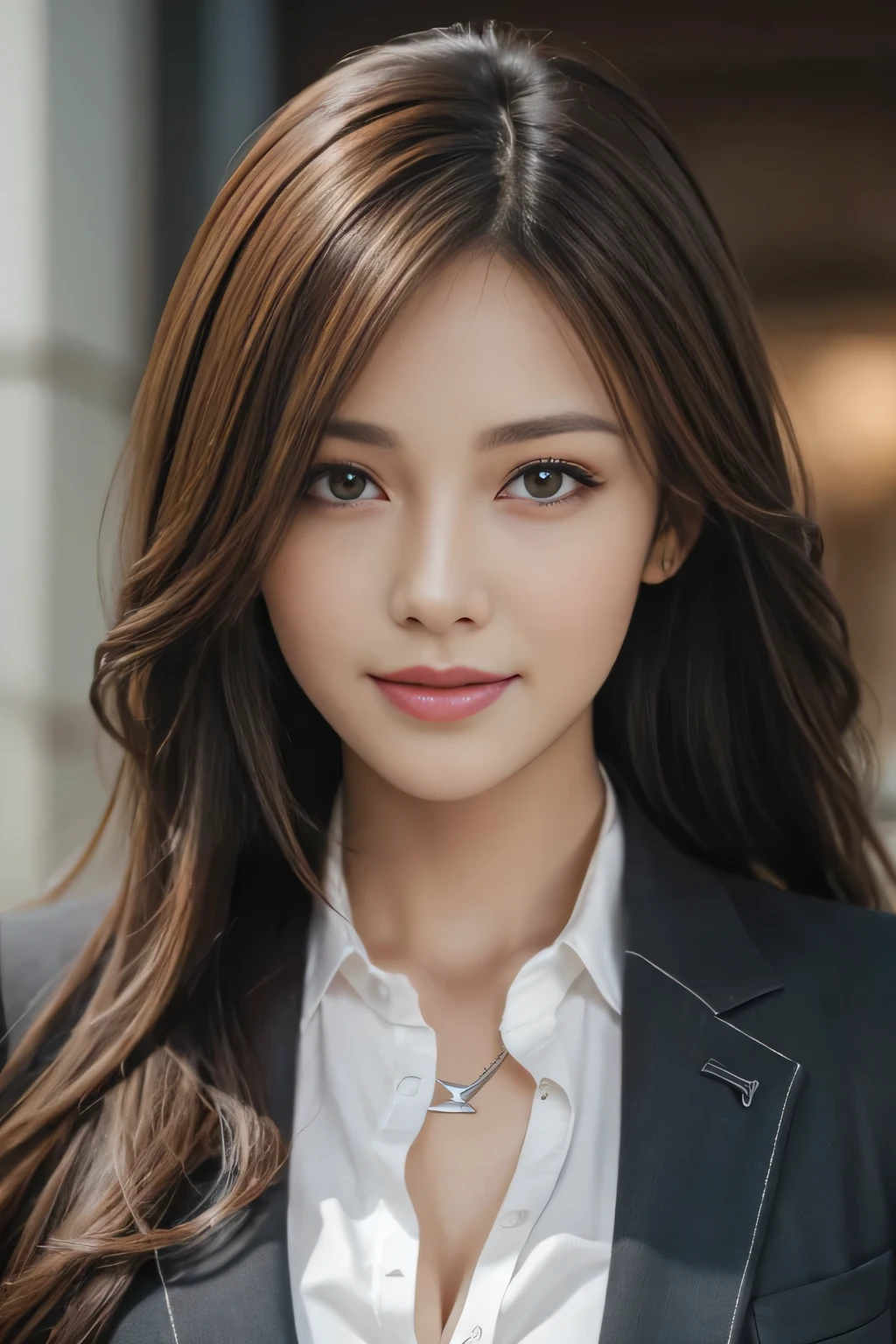 table top, highest quality, realistic, Super detailed, finely, High resolution, 8k wallpaper, 1 beautiful woman,, light brown messy hair, wearing a business suit, sharp focus, perfect dynamic composition, beautiful and detailed eyes, thin hair, Detailed realistic skin texture, smile, close-up portrait, model body shape