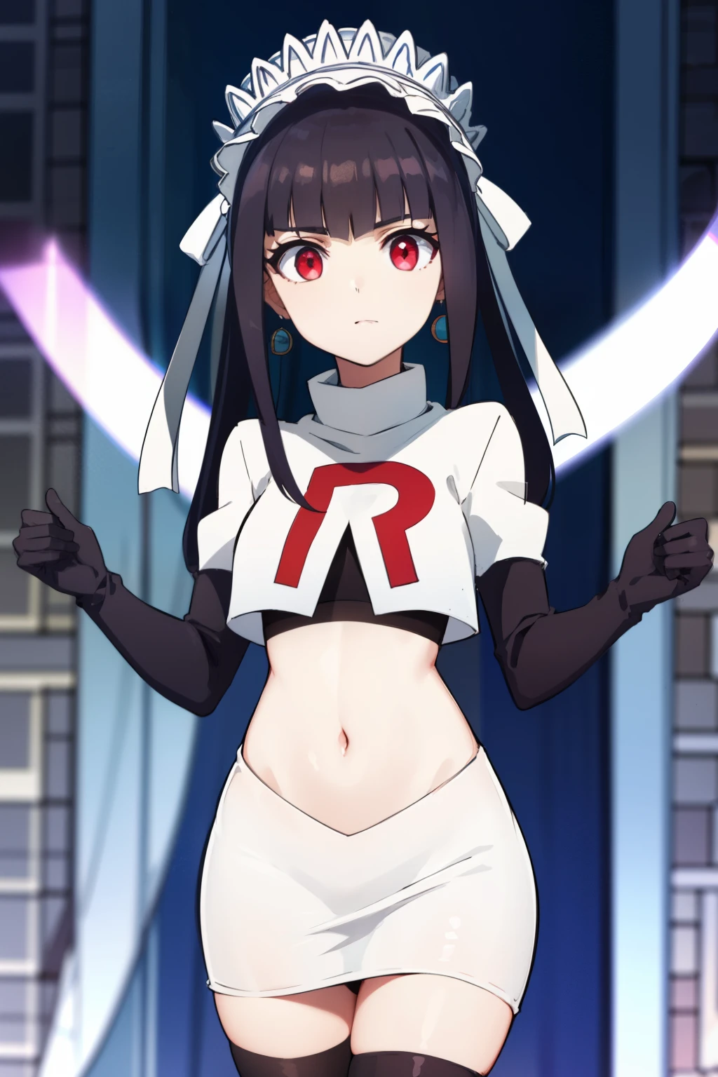 celestialudenberg, celestia ludenberg, long hair, bangs, black hair, (red eyes:1.3), long sleeves, twintails, drill hair, twin drills,
BREAK jewelry, earrings, bonnet, team rocket,team rocket uniform,white skirt,red letter R,crop top,black thigh-highs,black elbow gloves
BREAK looking at viewer, (cowboy shot:1.5),
BREAK (masterpiece:1.2), best quality, high resolution, unity 8k wallpaper, (illustration:0.8), (beautiful detailed eyes:1.6), extremely detailed face, perfect lighting, extremely detailed CG, (perfect hands, perfect anatomy),