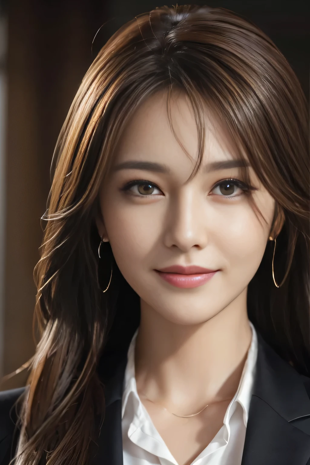 table top, highest quality, realistic, Super detailed, finely, High resolution, 8k wallpaper, 1 beautiful woman,, light brown messy hair, wearing a business suit, sharp focus, perfect dynamic composition, beautiful and detailed eyes, thin hair, Detailed realistic skin texture, smile, close-up portrait, model body shape