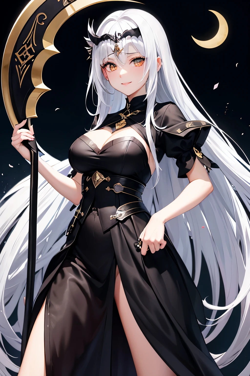 A beautiful girl with a death scythe in her right hand、Executioners、She has silver hair that is dyed black towards the tips.、Golden eyes emit a mysterious light、Wearing a black mysterious robe、wearing a white skirt、The moonlight shines behind me、smiling belligerently、facing the death scythe、He emits magical light with his left hand.、Crescent moon emblem on the forehead