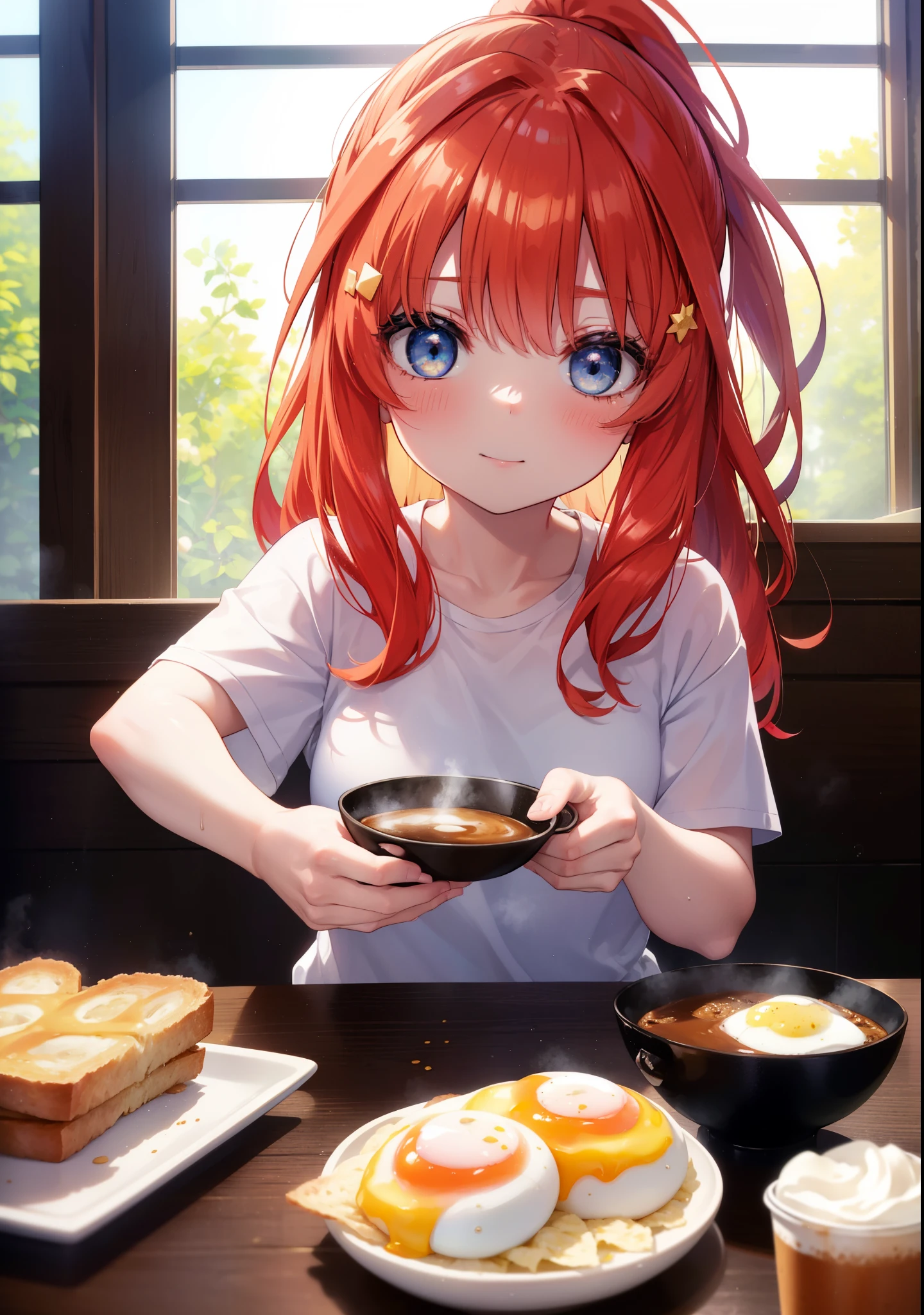 itsukinakano, Itsuki Nakano, bangs, blue eyes, hair between eyes, Ahoge, long hair,ponytail,redhead,blush,smile, T-shirt,shorts,There are fried eggs, toasted bread, and a coffee mug on the table.,breakfast,sitting in a chair,Sunlight from the window,
break indoors,dining,
break (masterpiece:1.2), highest quality, High resolution, unity 8k wallpaper, (shape:0.8), (fine and beautiful eyes:1.6), highly detailed face, perfect lighting, Very detailed CG, (perfect hands, perfect anatomy),