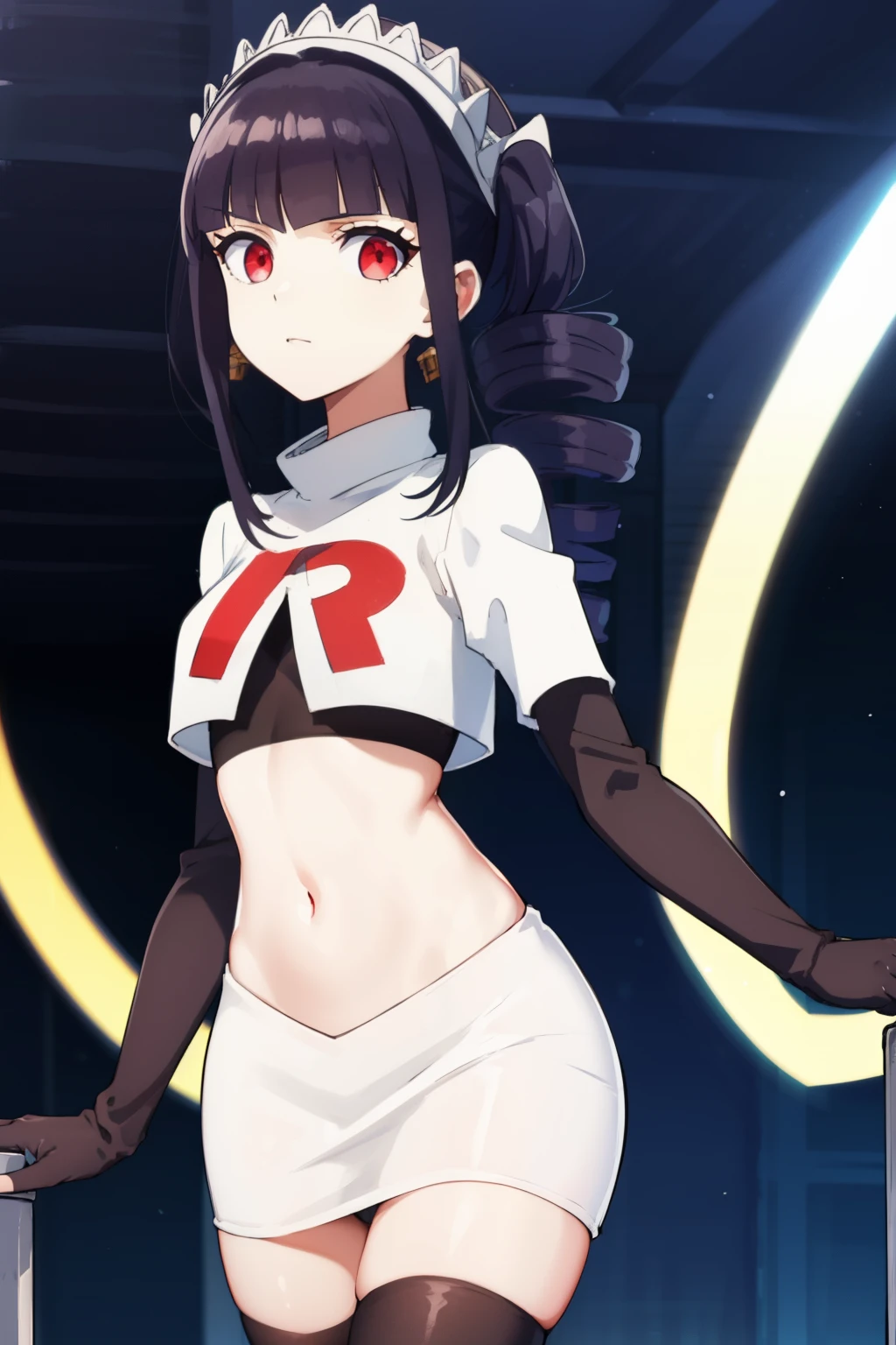 celestialudenberg, celestia ludenberg, long hair, bangs, black hair, (red eyes:1.3), long sleeves, twintails, drill hair, twin drills,
BREAK jewelry, earrings, bonnet, team rocket,team rocket uniform,white skirt,red letter R,crop top,black thigh-highs,black elbow gloves
BREAK looking at viewer, (cowboy shot:1.5),
BREAK (masterpiece:1.2), best quality, high resolution, unity 8k wallpaper, (illustration:0.8), (beautiful detailed eyes:1.6), extremely detailed face, perfect lighting, extremely detailed CG, (perfect hands, perfect anatomy),