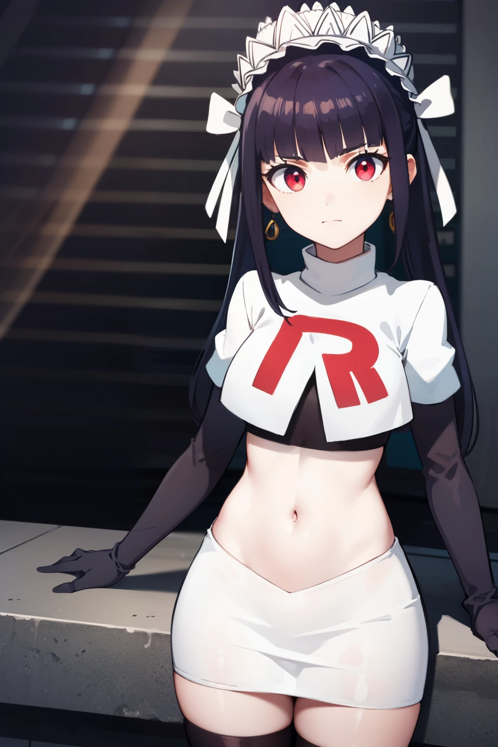 celestialudenberg, celestia ludenberg, long hair, bangs, black hair, (red eyes:1.3), long sleeves, twintails, drill hair, twin drills,
BREAK jewelry, earrings, bonnet, team rocket,team rocket uniform,white skirt,red letter R,crop top,black thigh-highs,black elbow gloves
BREAK looking at viewer, (cowboy shot:1.5),
BREAK (masterpiece:1.2), best quality, high resolution, unity 8k wallpaper, (illustration:0.8), (beautiful detailed eyes:1.6), extremely detailed face, perfect lighting, extremely detailed CG, (perfect hands, perfect anatomy),