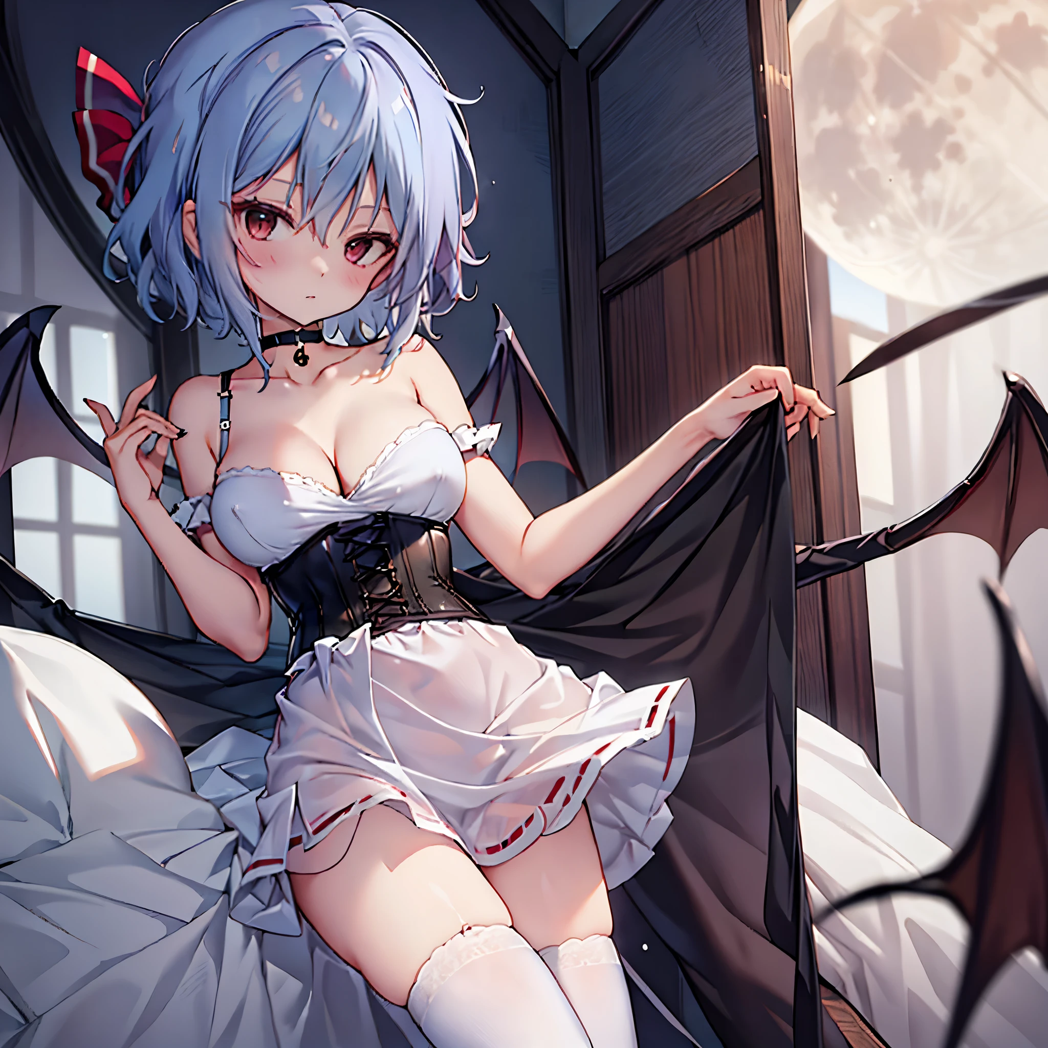 (Remilia toho character), (solo:1.5), skinny, (solo standing on the deck of mansion), a full moon, midnight, BREAK, short hair, collarbone, (emphasize small very perky breasts:1.3), (emphasize cleavage:1.2), (inconceivably thin narrow waist:1.3), (very short thin torso:1.2), very long (thin legs), emphasize thigh gap, BREAK, (very short sheer white dress squeeze breasts:1.2), (dress lift breasts up:1.2), (inconceivably wiry narrow brown corset cinches waist too tight:1.5), (frilled too short white miniskirt), (light blue thighhighs), BREAK, nose blush