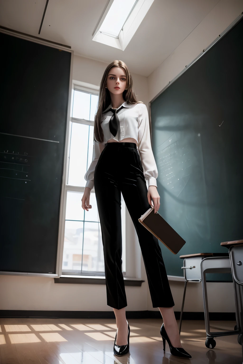 masterpiece, best quality, hyperrealistic, cinematic photo, girl, pale skin, American amazing slim body, ((White cropped blouse with tie)), ((black velvet trousers, black shoes)), long brown hair, holding a book, perfect slender legs, wide hips, perfect hands, beautiful face, perfect face, youthful, (blured background), modern style, from below, (low-angle shoot), low_angle_human, towering, (full body shot), standing, underneath shot, (view viewer), looking at viewer,(8k, epic composition, photorealistic, sharp focus), detailed background, ((classroom)), ((Blackboard at background)), DSLR, foil grain, window light