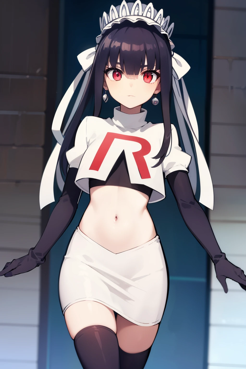 celestialudenberg, celestia ludenberg, long hair, bangs, black hair, (red eyes:1.3), long sleeves, twintails, drill hair, twin drills,
BREAK jewelry, earrings, bonnet, team rocket,team rocket uniform,white skirt,red letter R,crop top,black thigh-highs,black elbow gloves
BREAK looking at viewer, (cowboy shot:1.5),
BREAK (masterpiece:1.2), best quality, high resolution, unity 8k wallpaper, (illustration:0.8), (beautiful detailed eyes:1.6), extremely detailed face, perfect lighting, extremely detailed CG, (perfect hands, perfect anatomy),