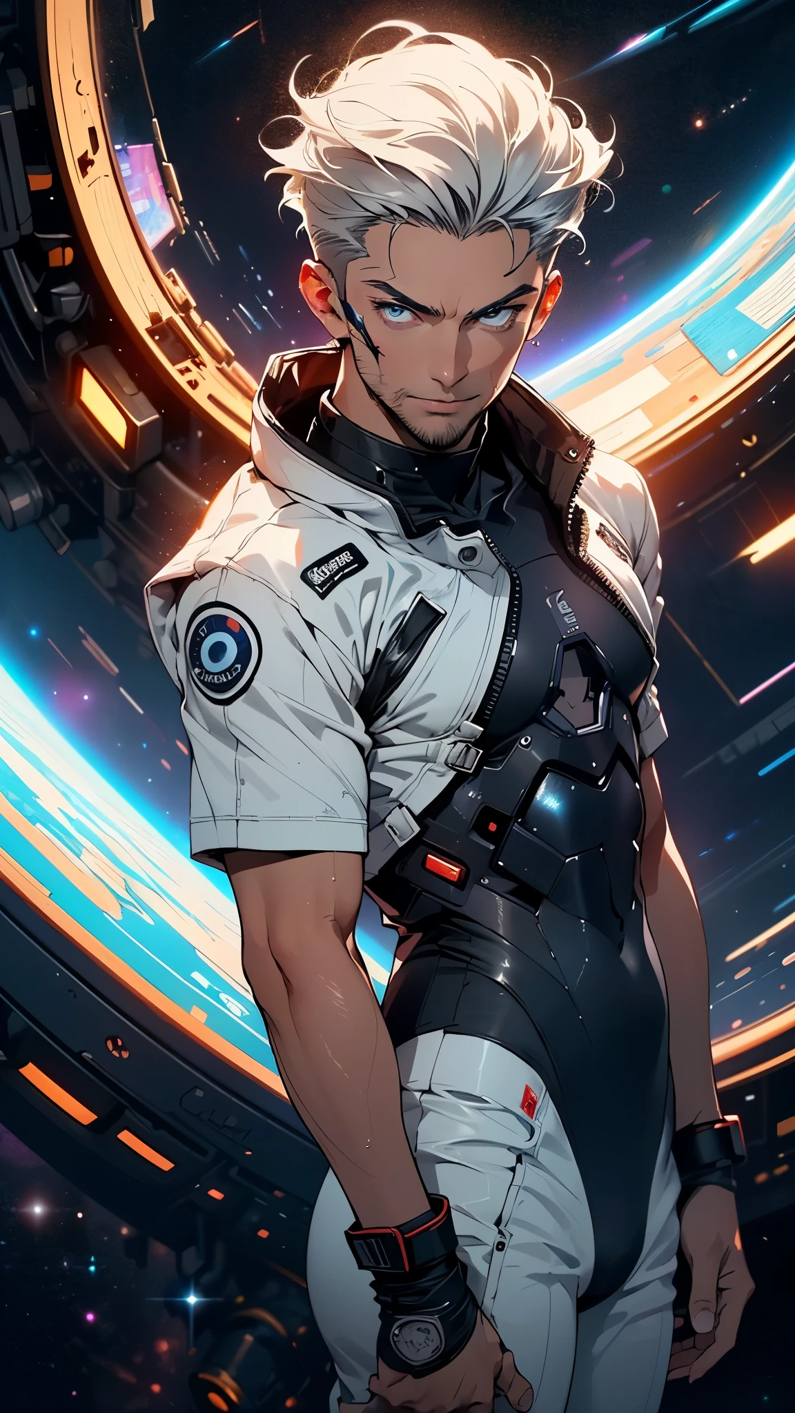 (man:1.5),1 man,space adventure man,(((1man))),
(((1male,man:1.5,handsome man,male,male gender:1.5,male focus))),macho man,old man,big muscle, pectoral, big pectoral, muscular, Mature man,45 year old man,adult,1 man, old macho man
((short gray hair,slicked hair,gray hair)),(((lustrous skin:1.5,tanned skin,bright skin: 1.5,skin tanned,shiny skin,very shiny skin,shiny body,illuminated skin))),(((blue_eyes:1.2))),intricate eyes,beautiful detailed eyes,symmetrical eyes,man chest,handsome face,(((white very short beard, silver very short beard))),((muscular,hairy body,muscular man)),(((detailed face))),
alluring look,nsfw,Viking, barbarian,
space suit pants,((bulge in pants)),((space suit outfit, blue space suit,short sleeve spacesuit)),(wearing a space suit outfit:1.3,space suit clothes),((wet clothes,intricate outfit,intricate clothes)),
(dynamic pose:1.0),solo focus,((evil smile,evil look)),(centered,scale to fit dimensions,Rule of thirds),
cyberpunk city by the ocean at night, with bright neon signs and dark stormy clouds and puddles, scenery:1.25,nighttime, starry night, cosmos,Very dark night that makes the neon lights stand out, very bright neon lights,nighttime, starry night, cosmos,
artistic photography,(photography taken by sldr),highres, sharp focus,(ultra detailed, extremely detailed), (photorealistic artwork:1.37),(extremely detailed CG unity 8k wallpaper),((synthwave background theme)),(((vibrant colors))),intricate,(intricate background),(masterpiece),(best quality),photo realistic,analog style,((intricate detail)),(((realism))),