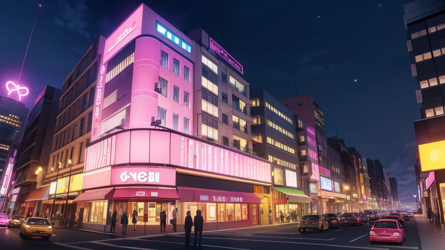 very big bordel, well lit, night, multi-story pink building, Heart Decoration, big street with cars, (very pink night sky)
