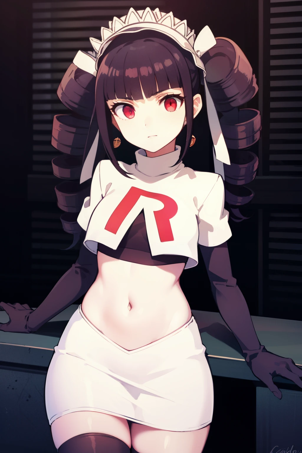 celestialudenberg, celestia ludenberg, long hair, bangs, black hair, (red eyes:1.3), long sleeves, twintails, drill hair, twin drills,
BREAK jewelry, earrings, bonnet, team rocket,team rocket uniform,white skirt,red letter R,crop top,black thigh-highs,black elbow gloves
BREAK looking at viewer, (cowboy shot:1.5),
BREAK (masterpiece:1.2), best quality, high resolution, unity 8k wallpaper, (illustration:0.8), (beautiful detailed eyes:1.6), extremely detailed face, perfect lighting, extremely detailed CG, (perfect hands, perfect anatomy),