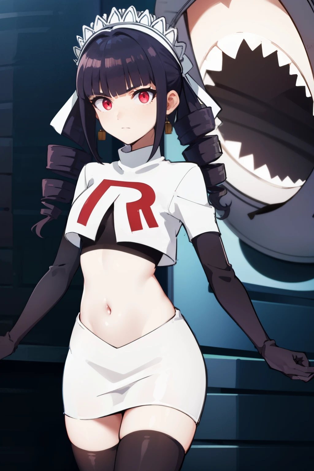 celestialudenberg, celestia ludenberg, long hair, bangs, black hair, (red eyes:1.3), long sleeves, twintails, drill hair, twin drills,
BREAK jewelry, earrings, bonnet, team rocket,team rocket uniform,white skirt,red letter R,crop top,black thigh-highs,black elbow gloves
BREAK looking at viewer, (cowboy shot:1.5),
BREAK (masterpiece:1.2), best quality, high resolution, unity 8k wallpaper, (illustration:0.8), (beautiful detailed eyes:1.6), extremely detailed face, perfect lighting, extremely detailed CG, (perfect hands, perfect anatomy),