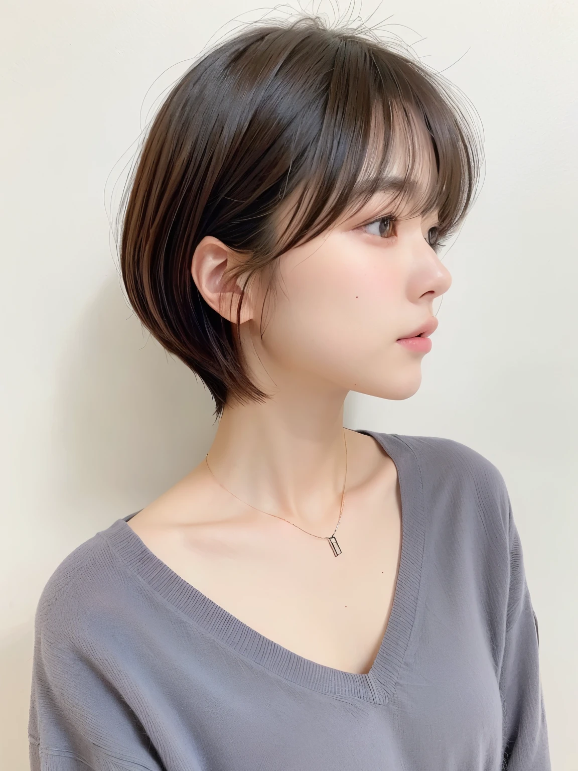 (highest quality、8k、32K、masterpiece、nffsw:1.2)、photo of cute japanese woman、Taken in front of a white wall、Photographed in natural light、Upper body、surface focus、long sleeve shirt、simple necklace、From above、mix 4、(8k、Raw photo、highest quality、masterpiece:1.2)、(realistic、Photoreal:1.37)、1 girl、photon mapping、Physically based rendering、excellent image quality、High resolution、1080p、(clean face)、(Detailed facial description)、(detailed description of hands)、(Masseter muscle part)、(Detailed CG)、 extreme light and shadow、hair is dirty、masterpiece、rich details、(exquisite features)、(best image quality)、(masterpiece)、(detailed eye)、looking forward to your eyes、delicate clavicle、Various poses