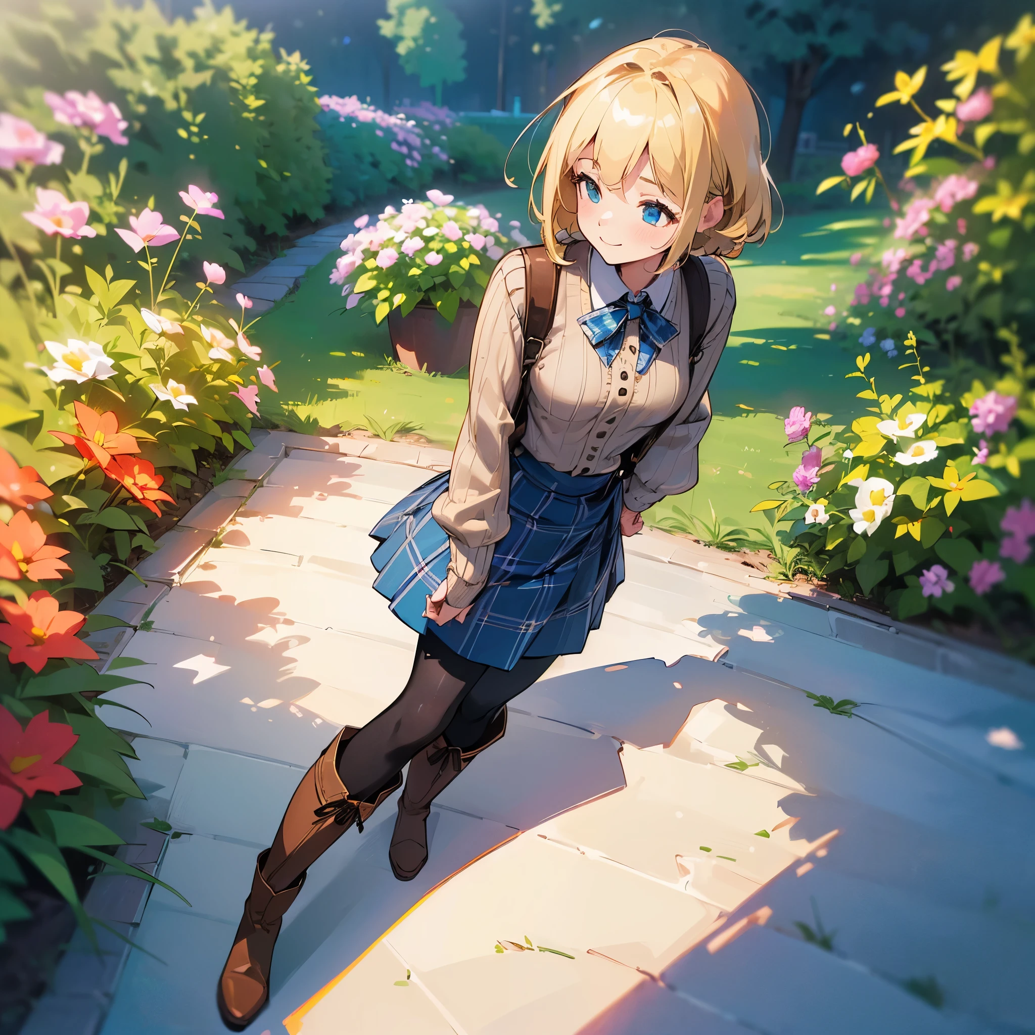 (high quality, high resolution, Super detailed, 8K, Reality:1.37), peaceful atmosphere, (outdoor, garden), age girl standing alone, (big chest.), beautiful detailed features, cute smile, (blonde bob hair), ribbed sweater, blue plaid skirt, black tights, brown boots.