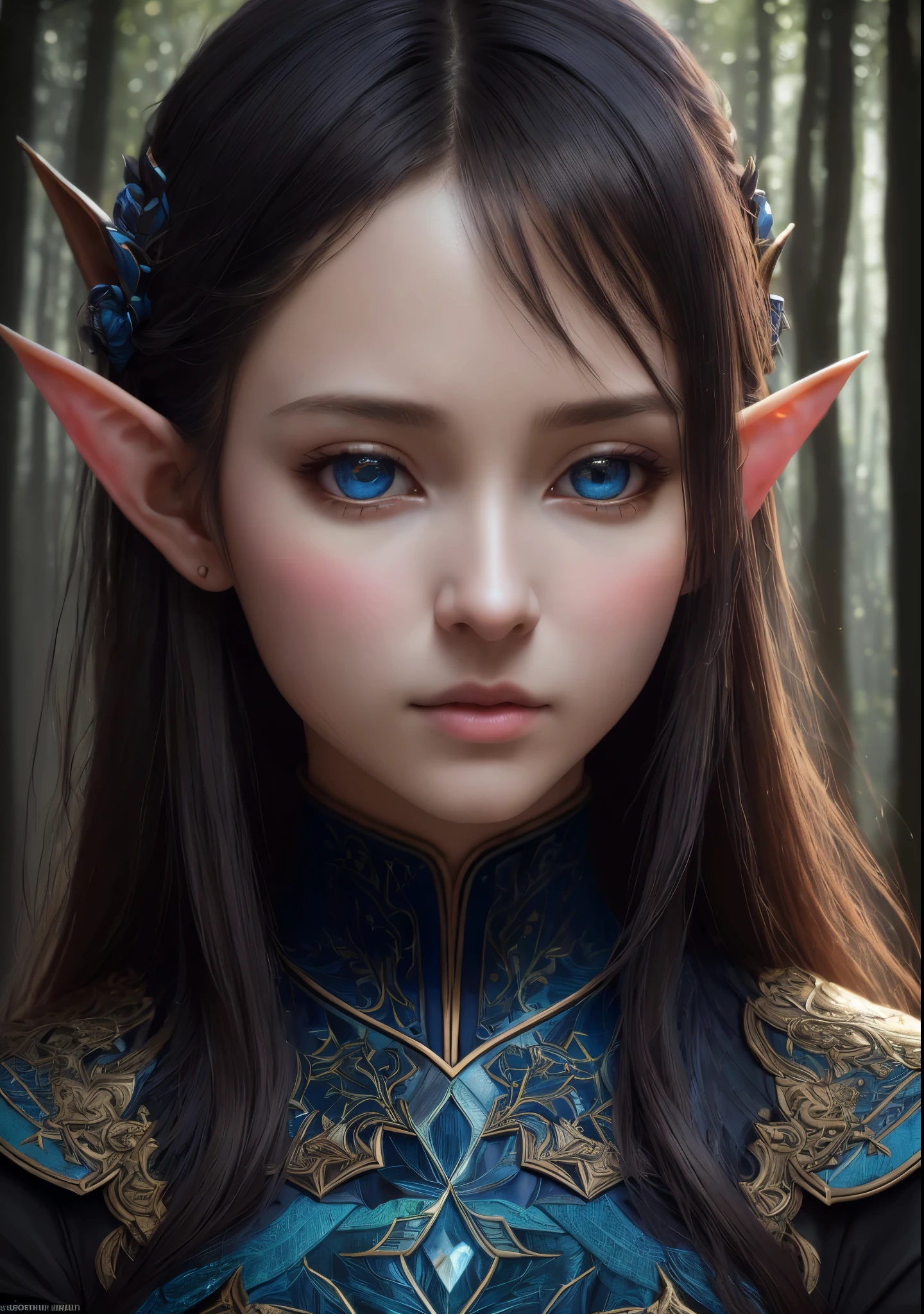 magnificent realism, (natural skin texture, Surrealism, soft light, sharp: 1.2), (ish, blue, tangerine: 0.85), (Musk color, The color is dull, mute: 1.3), low saturation, (Ultra-detailed: 1.2), (black: 0.4), (intricate details: 1.12), high dynamic range, (intricate details, Ultra-detailed: 1.15), faded, (neutral:1.2), Art, (high dynamic range:1.5), (soft顏色:1.1), (soft:0.2), Ultra-detailed, (Art Station: 1.4),(dark shot:1.4), 80mm, Beautiful Elf Woman. She has a mysterious expression on her face，Looking at the audience with slightly tilted head。. embroidered clothes. Blue impressionistic leaf forest on background, Weird white light, Gradient shadow on woman&#39;s face. Use backlight effects to add depth to images. Impressionist painting style, John Singer Sergey, Anderson, blue palette, Wider display，More backgrounds and woods, soft light, sharp, exposure blending, medium shot, Bokeh, (high dynamic range: 1.4), High contrast warm light, dramatic light, (错综intricate details: 1.2), vignette, complex background, Rutkoski,