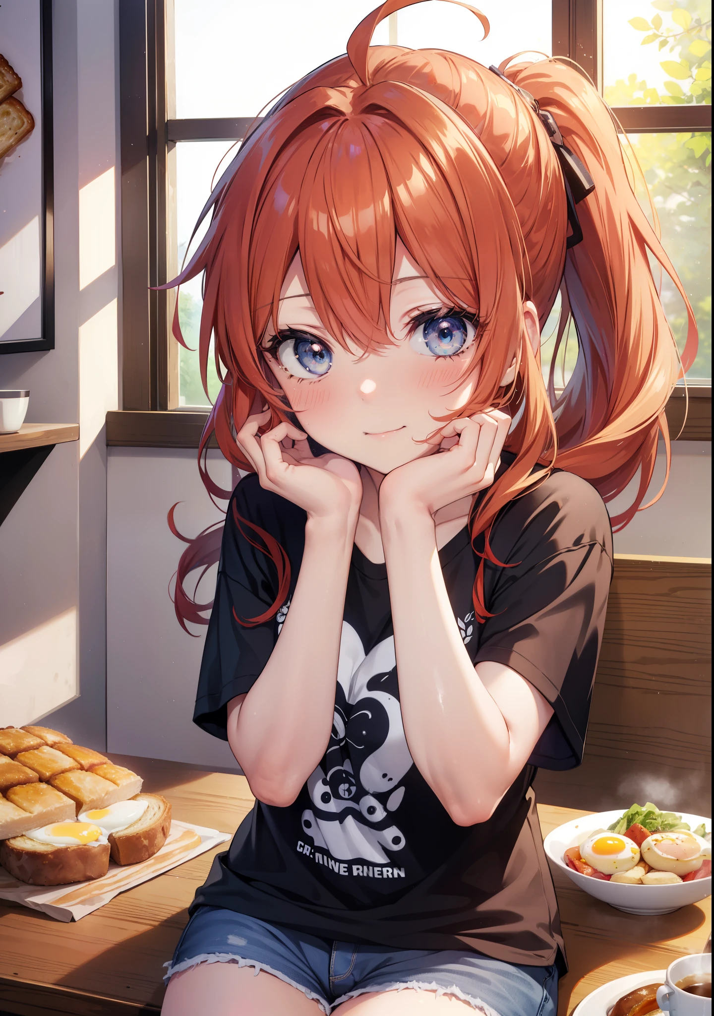 itsukinakano, Itsuki Nakano, bangs, blue eyes, hair between eyes, Ahoge, long hair,ponytail,redhead,blush,smile, T-shirt,shorts,There are fried eggs, toasted bread, and a coffee mug on the table.,breakfast,sitting in a chair,Sunlight from the window,
break indoors,dining,
break (masterpiece:1.2), highest quality, High resolution, unity 8k wallpaper, (shape:0.8), (fine and beautiful eyes:1.6), highly detailed face, perfect lighting, Very detailed CG, (perfect hands, perfect anatomy),