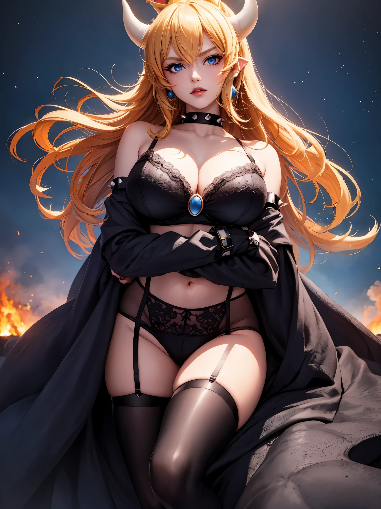 ((high detailed, best quality, 4k, masterpiece, hd:1.3)), ((best quality)), (((HD))), (((8k))), (ultraDH), (ultra HD), Princess Daisy, blue eyes, BREAK blue eyes, seductive, attractive, smooth anime cg art, 36C breasts, long legs, vivid colors, detailed digital art, slim body, perfect skin, dark blonde hair, long hair, blonde hair, blonde hair, BREAK crown, cleavage, 36C cleavage, looking at viewer, BREAK looking at viewer, extremely detailed face, red santa suit, red santa claus suit, santa claus suit, earrings, gem, dark black makeup lips, dark gothic eyeshadows, dark eyeshadows, black eyeshadows, black sexy lips, black lips, (dark:1.2), dark lips, very dark lips, (perfect hands, perfect anatomy), black makeup, black medium lips, black thick lips, detailed fingers, five fingers per hand, 5 fingers, (1 girl), detailed lips, detailed black lips, black painted lips, gothic painted lips, BREAK night, night sky, (breast focus), (arms outstreched:1.2), (from above:1.1), (breasts out:1.3), (off shoulder:1.1), (white horns), (bra), into the volcano, lava on the floor, volcanic background,