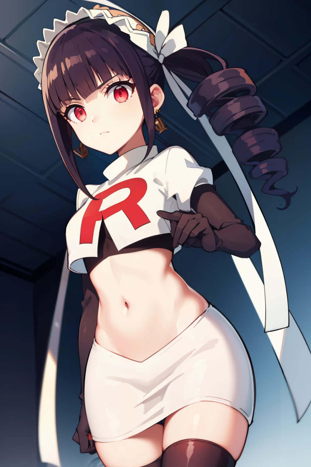 celestialudenberg, celestia ludenberg, long hair, bangs, black hair, (red eyes:1.3), long sleeves, twintails, drill hair, twin drills,
BREAK jewelry, earrings, bonnet, team rocket,team rocket uniform,white skirt,red letter R,crop top,black thigh-highs,black elbow gloves
BREAK looking at viewer, (cowboy shot:1.5),
BREAK (masterpiece:1.2), best quality, high resolution, unity 8k wallpaper, (illustration:0.8), (beautiful detailed eyes:1.6), extremely detailed face, perfect lighting, extremely detailed CG, (perfect hands, perfect anatomy),