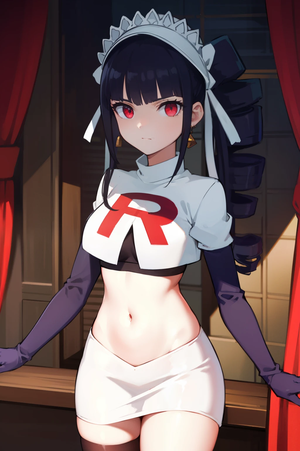 celestialudenberg, celestia ludenberg, long hair, bangs, black hair, (red eyes:1.3), long sleeves, twintails, drill hair, twin drills,
BREAK jewelry, earrings, bonnet, team rocket,team rocket uniform,white skirt,red letter R,crop top,black thigh-highs,black elbow gloves
BREAK looking at viewer, (cowboy shot:1.5),
BREAK (masterpiece:1.2), best quality, high resolution, unity 8k wallpaper, (illustration:0.8), (beautiful detailed eyes:1.6), extremely detailed face, perfect lighting, extremely detailed CG, (perfect hands, perfect anatomy),