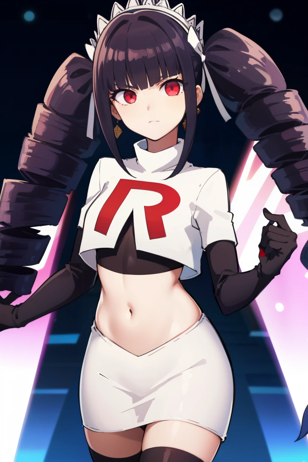 celestialudenberg, celestia ludenberg, long hair, bangs, black hair, (red eyes:1.3), long sleeves, twintails, drill hair, twin drills,
BREAK jewelry, earrings, bonnet, team rocket,team rocket uniform,white skirt,red letter R,crop top,black thigh-highs,black elbow gloves
BREAK looking at viewer, (cowboy shot:1.5),
BREAK (masterpiece:1.2), best quality, high resolution, unity 8k wallpaper, (illustration:0.8), (beautiful detailed eyes:1.6), extremely detailed face, perfect lighting, extremely detailed CG, (perfect hands, perfect anatomy),