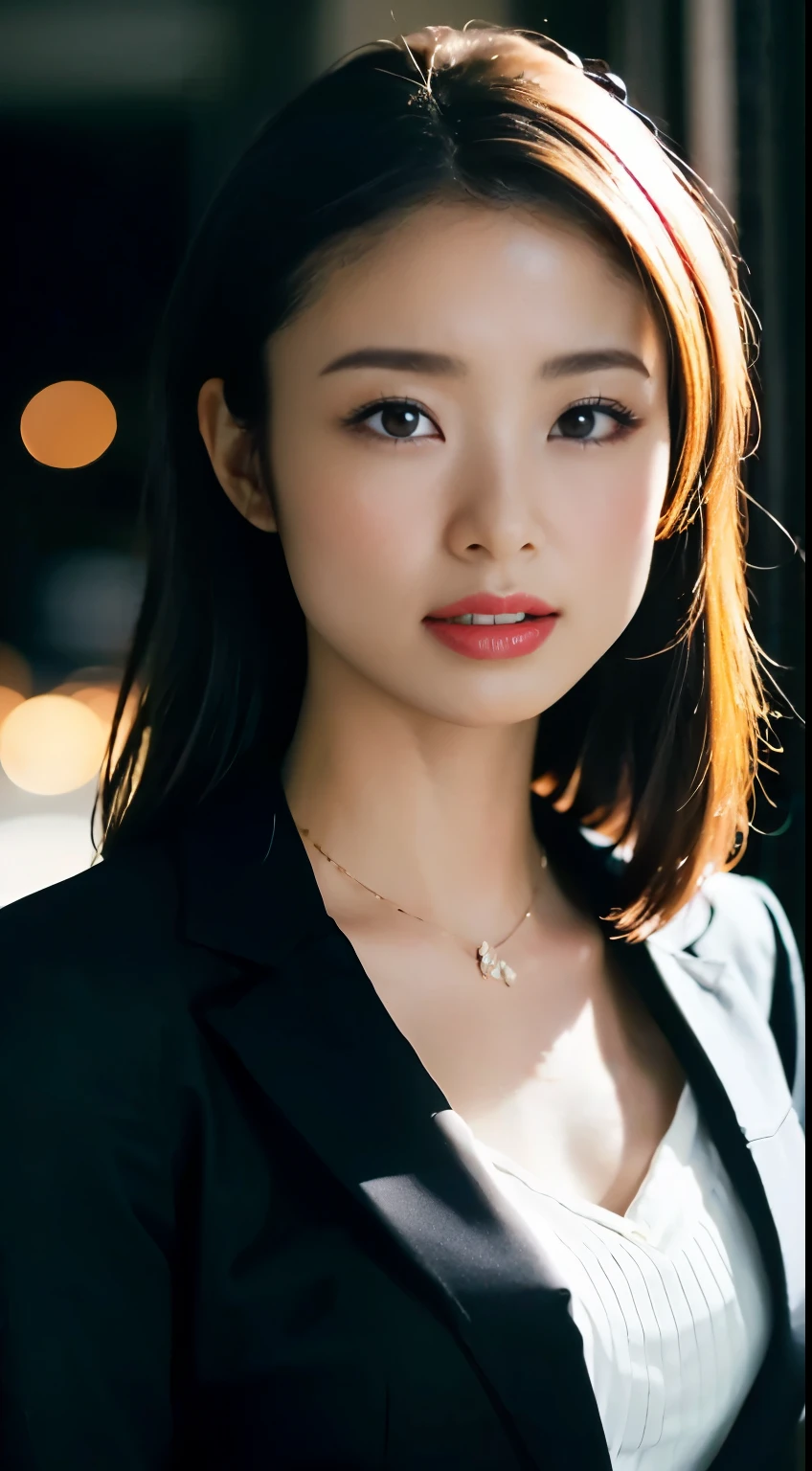 dark and gloomy, 8k, Close-up of a 30-year-old brunette Brazilian businessman on a dark background at night, (Real dark brown hair is straight、there are waves of light) , compensate, red lips, brown eyes, (Wearing a black Chanel tailored blazer, Black silk blouse and black straight pants), looking confident, surreal, {girl with very beautiful olive skin},  (highly detailed skin: 1.2) {{{masterpiece}}}, realistic texture, dynamic composition, Fujifilm XT2, 85mm F1.2, shutter speed 1/80, (Bokeh), high contrast、