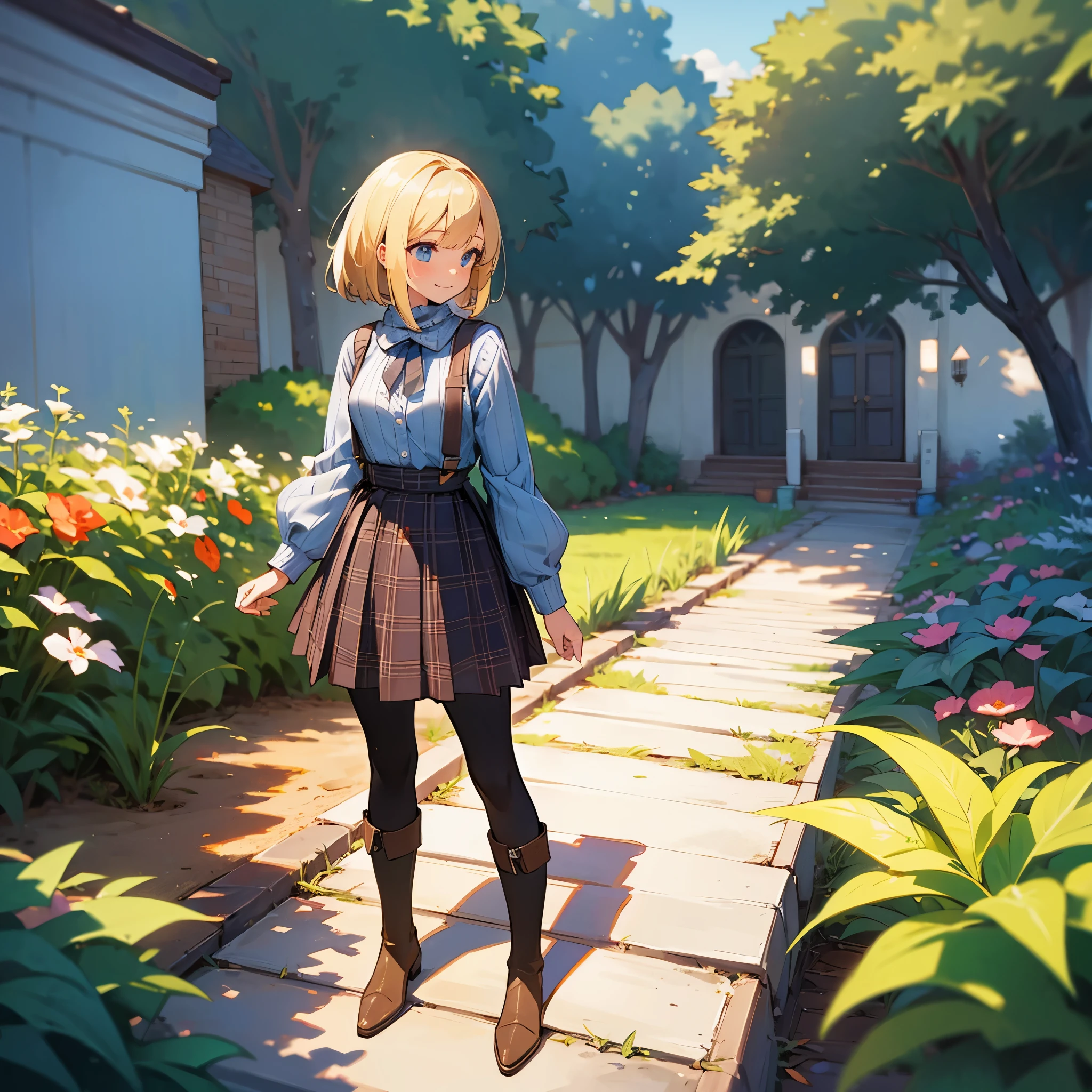(high quality, high resolution, Super detailed, 8K, Reality:1.37), peaceful atmosphere, (outdoor, garden), teenage girl standing alone, (big chest.), beautiful detailed features, cute smile, (blonde bob hair), ribbed sweater, blue plaid skirt, black tights, brown boots.