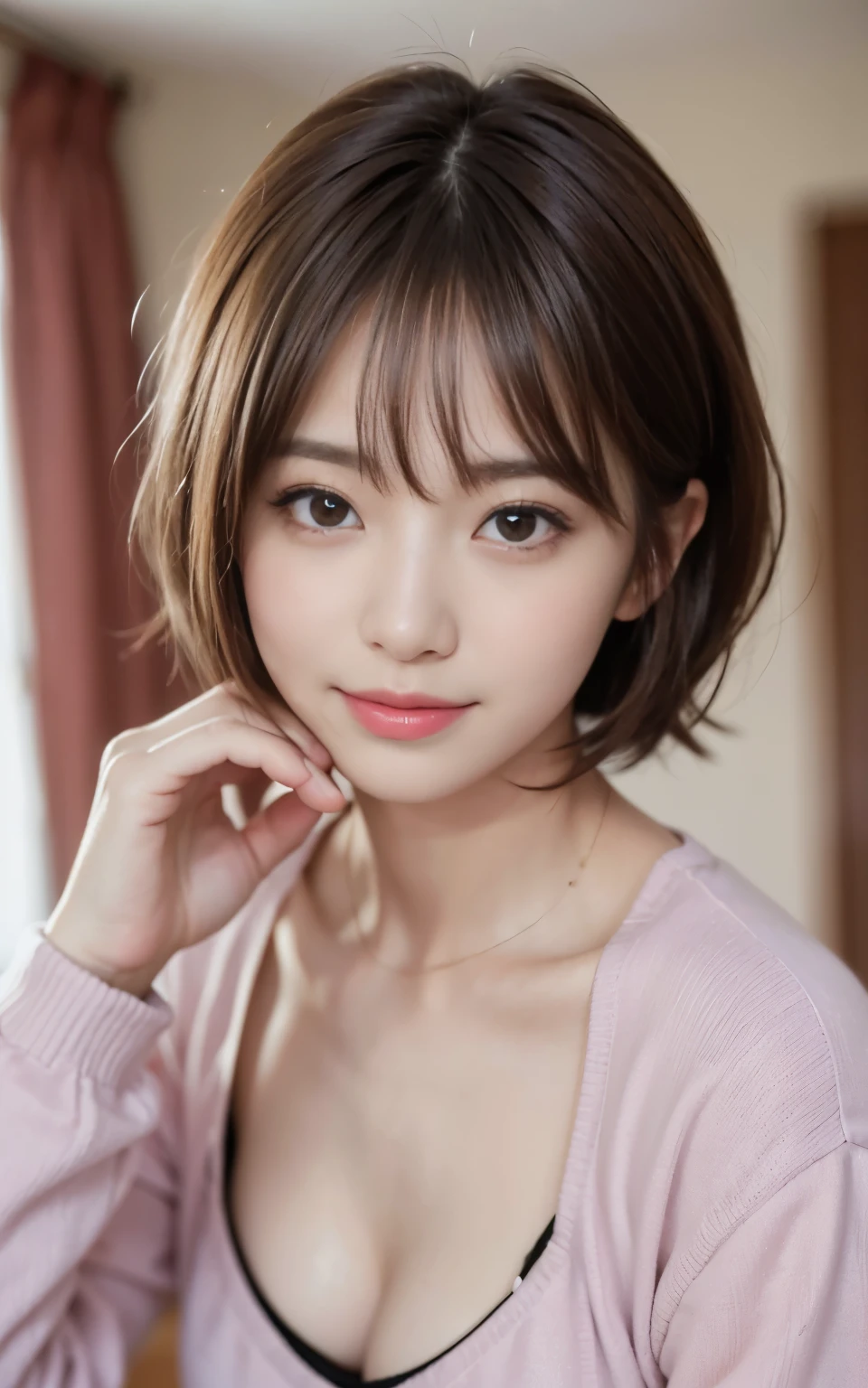 cute japanese 21 years old、Bedroom、sweat pajamas、attention to detail、double eyelid、beautiful thin nose、sharp focus:1.2、Beautiful woman:1.4、(light brown hair、short hair、) 、pure white skin、highest quality、masterpiece、超High resolution、(Photoreal:1.4)、High resolution, professional lighting、nice smile、show the whole body、cute pajamas、Chest glimpsed、plump chest、