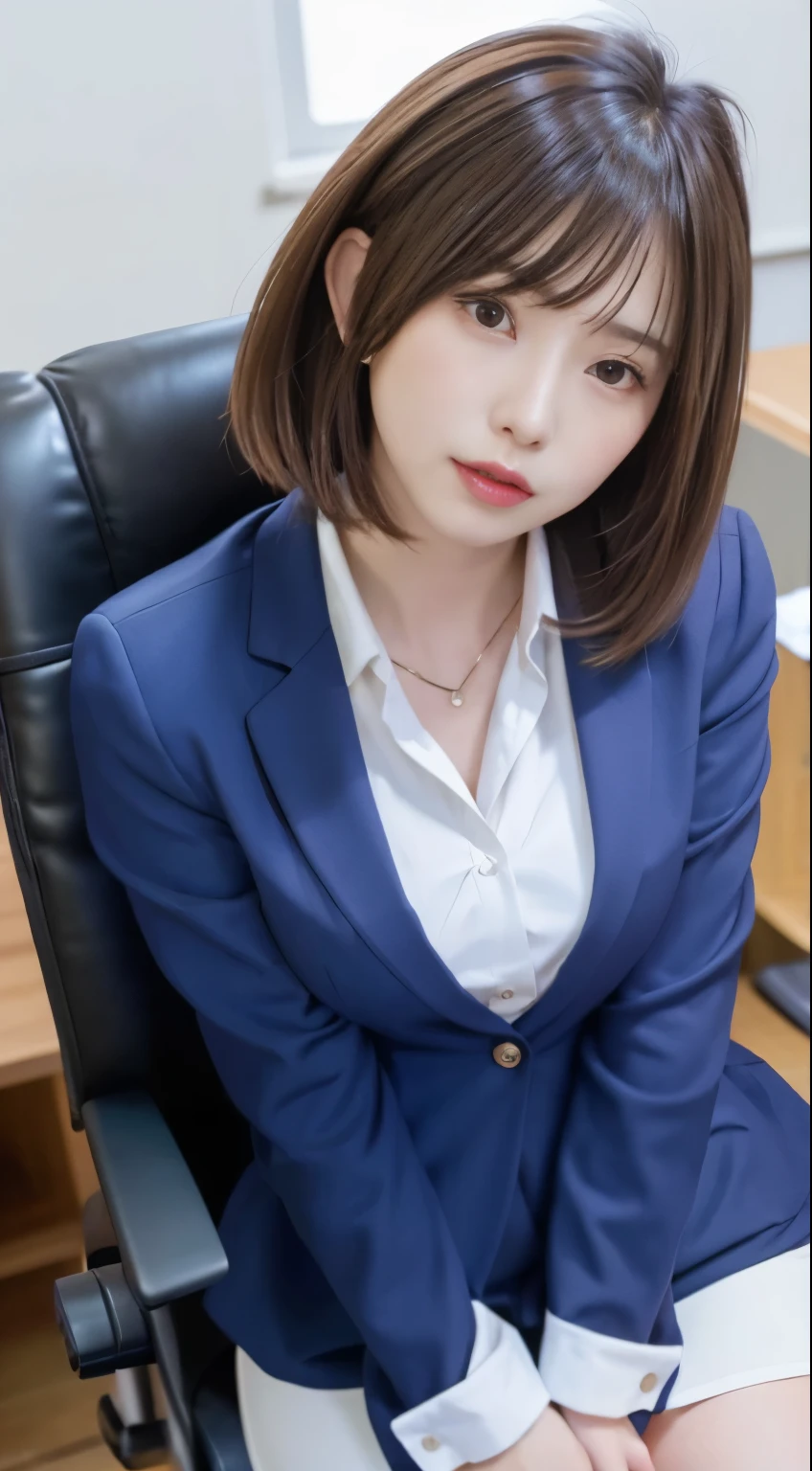 highest quality, realistic, 8k, High resolution, 1 woman、 beautiful and perfect face、(Moderate: 1.8), office、big breasts、suit, mini skirt、 work, sitting in a chair、expose one's chest、bare one's chest、no bra、no panties