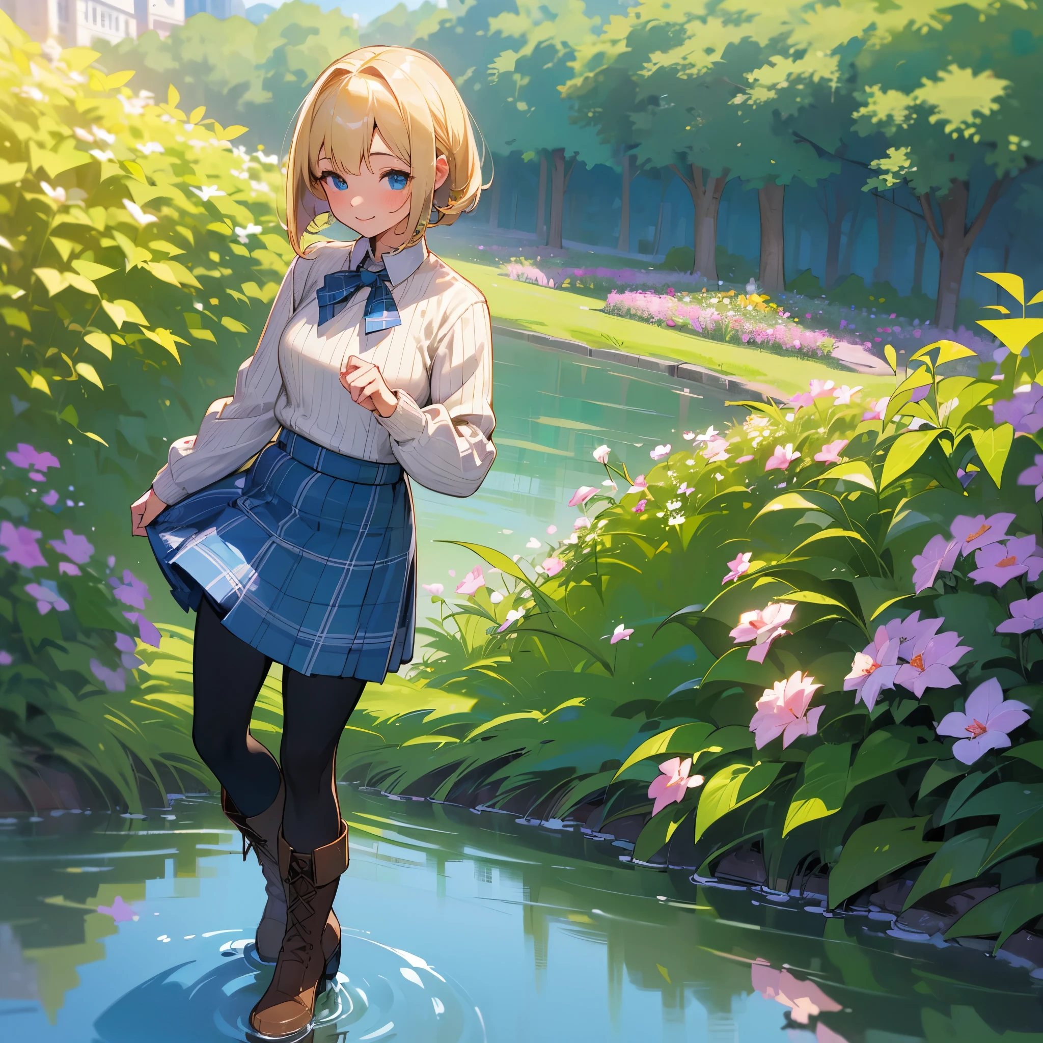 (high quality, high resolution, Super detailed, 8K, Reality:1.37), peaceful atmosphere, (outdoor, garden), teenage girl standing alone, (big chest.), beautiful detailed features, cute smile, (blonde bob hair), ribbed sweater, blue plaid skirt, black tights, brown boots.