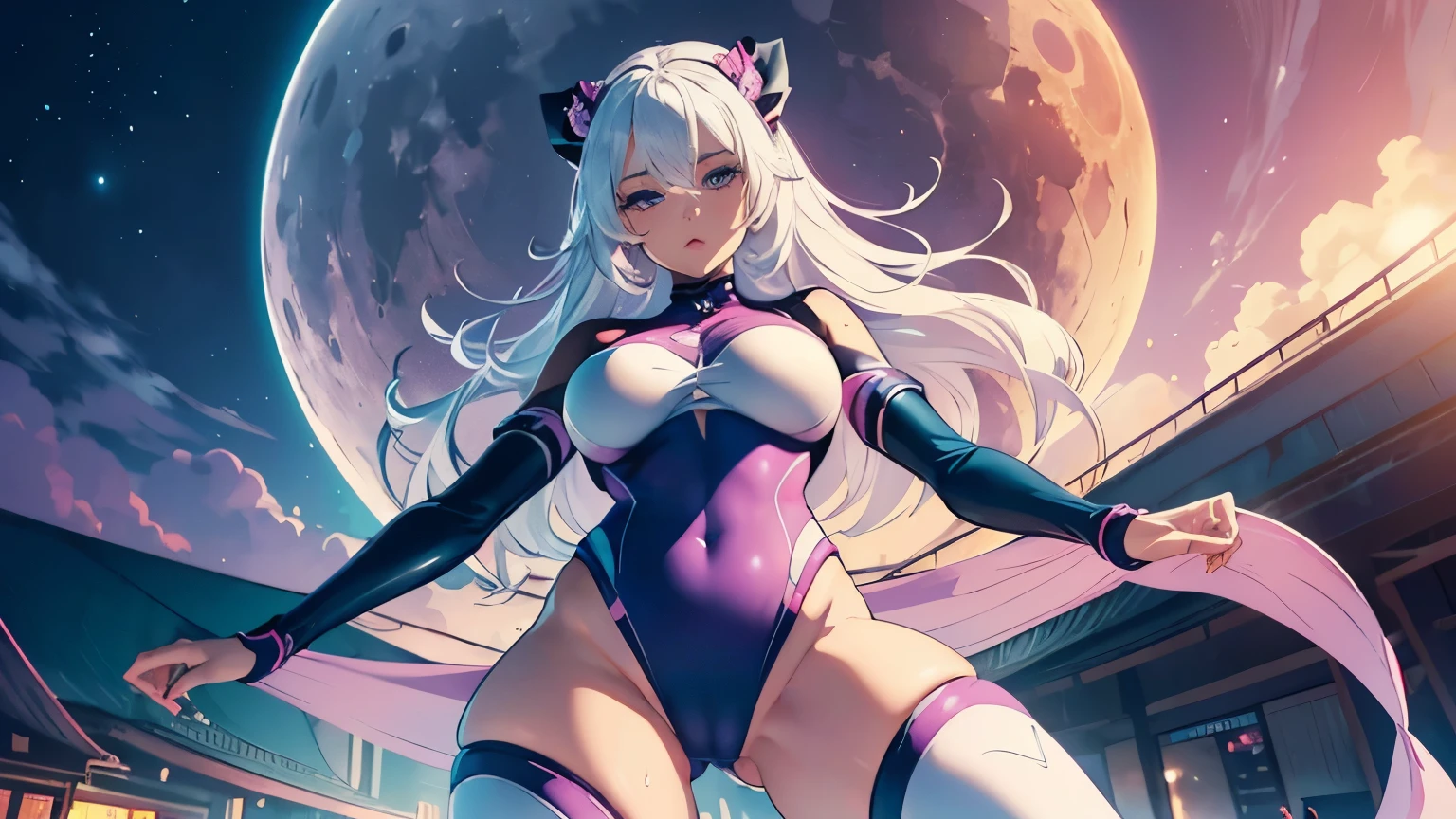 (only one girl, 1girl, one girl, full body, white hair, in blue swimsuit, tight clothes, blue alluring eyes, thick thighs, very thin waist, slim hips, open legs, cameltoe, big cameltoe, big pussy), ((anime-style artwork),colorful shades, Hyper detailed, highly detailed face, 4k face, clean, vibrant colors, extremely detailed with rich colors), (mature girl),voluptuous, (the sky is clouded, with pink and purple clouds, a giant moon), ((depth of field)), (masterpiece:1.2, best quality), (extremely detailed CG, ultra-detailed, best shadow:1.1), ((1 anime cute girl)), ((solo))