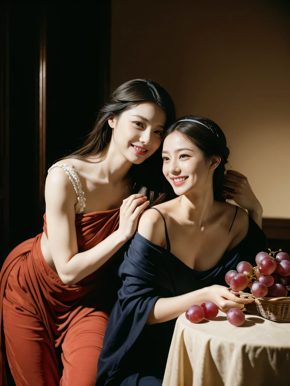 full body portrait ,fruit,grapes,rosa,antique,laughter,,sweet and enchanting appearance.、caravaggioの絵画、caravaggio&#39;chiaroscuro,Two women having fun,cute smile, expression of ecstasy