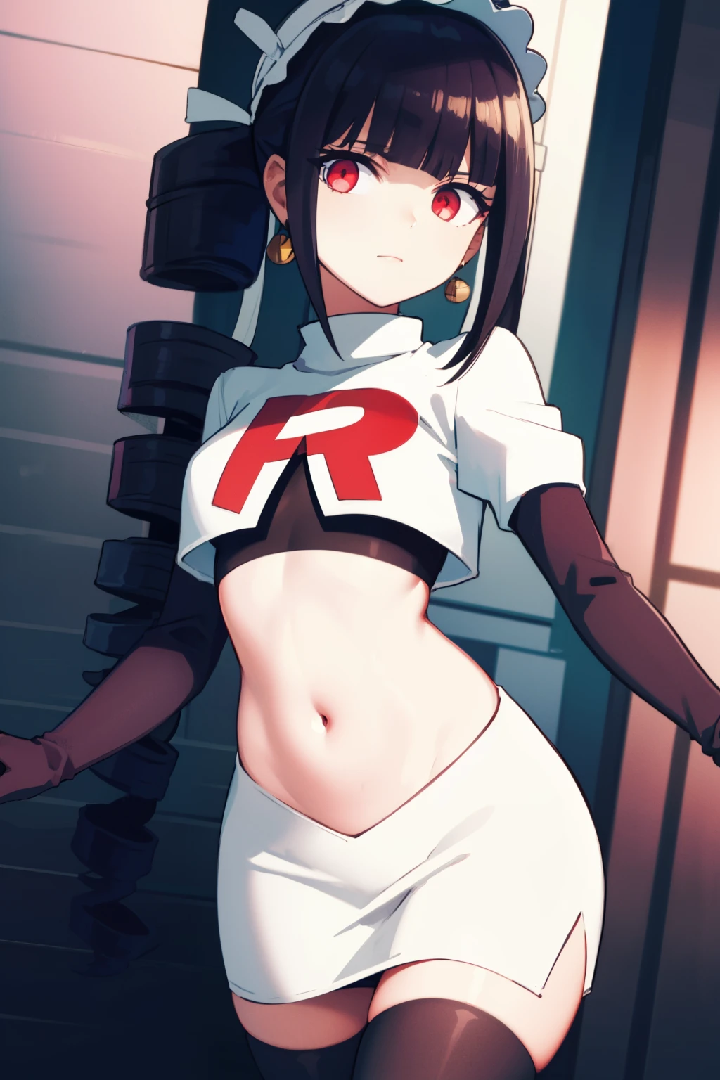 celestialudenberg, celestia ludenberg, long hair, bangs, black hair, (red eyes:1.3), long sleeves, twintails, drill hair, twin drills,
BREAK jewelry, earrings, bonnet, team rocket,team rocket uniform,white skirt,red letter R,crop top,black thigh-highs,black elbow gloves
BREAK looking at viewer, (cowboy shot:1.5),
BREAK (masterpiece:1.2), best quality, high resolution, unity 8k wallpaper, (illustration:0.8), (beautiful detailed eyes:1.6), extremely detailed face, perfect lighting, extremely detailed CG, (perfect hands, perfect anatomy),