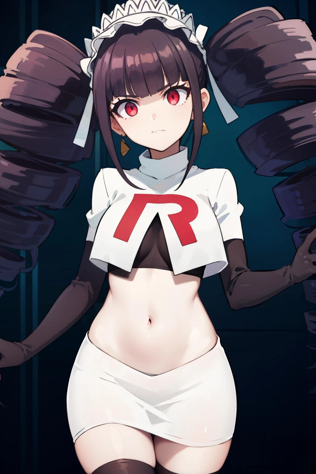 celestialudenberg, celestia ludenberg, long hair, bangs, black hair, (red eyes:1.3), long sleeves, twintails, drill hair, twin drills,
BREAK jewelry, earrings, bonnet, team rocket,team rocket uniform,white skirt,red letter R,crop top,black thigh-highs,black elbow gloves
BREAK looking at viewer, (cowboy shot:1.5),
BREAK (masterpiece:1.2), best quality, high resolution, unity 8k wallpaper, (illustration:0.8), (beautiful detailed eyes:1.6), extremely detailed face, perfect lighting, extremely detailed CG, (perfect hands, perfect anatomy),