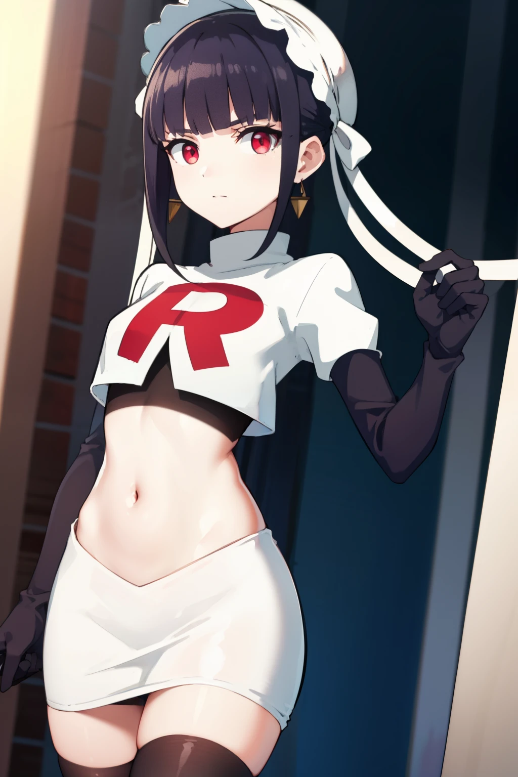 celestialudenberg, celestia ludenberg, long hair, bangs, black hair, (red eyes:1.3), long sleeves, twintails, drill hair, twin drills,
BREAK jewelry, earrings, bonnet, team rocket,team rocket uniform,white skirt,red letter R,crop top,black thigh-highs,black elbow gloves
BREAK looking at viewer, (cowboy shot:1.5),
BREAK (masterpiece:1.2), best quality, high resolution, unity 8k wallpaper, (illustration:0.8), (beautiful detailed eyes:1.6), extremely detailed face, perfect lighting, extremely detailed CG, (perfect hands, perfect anatomy),