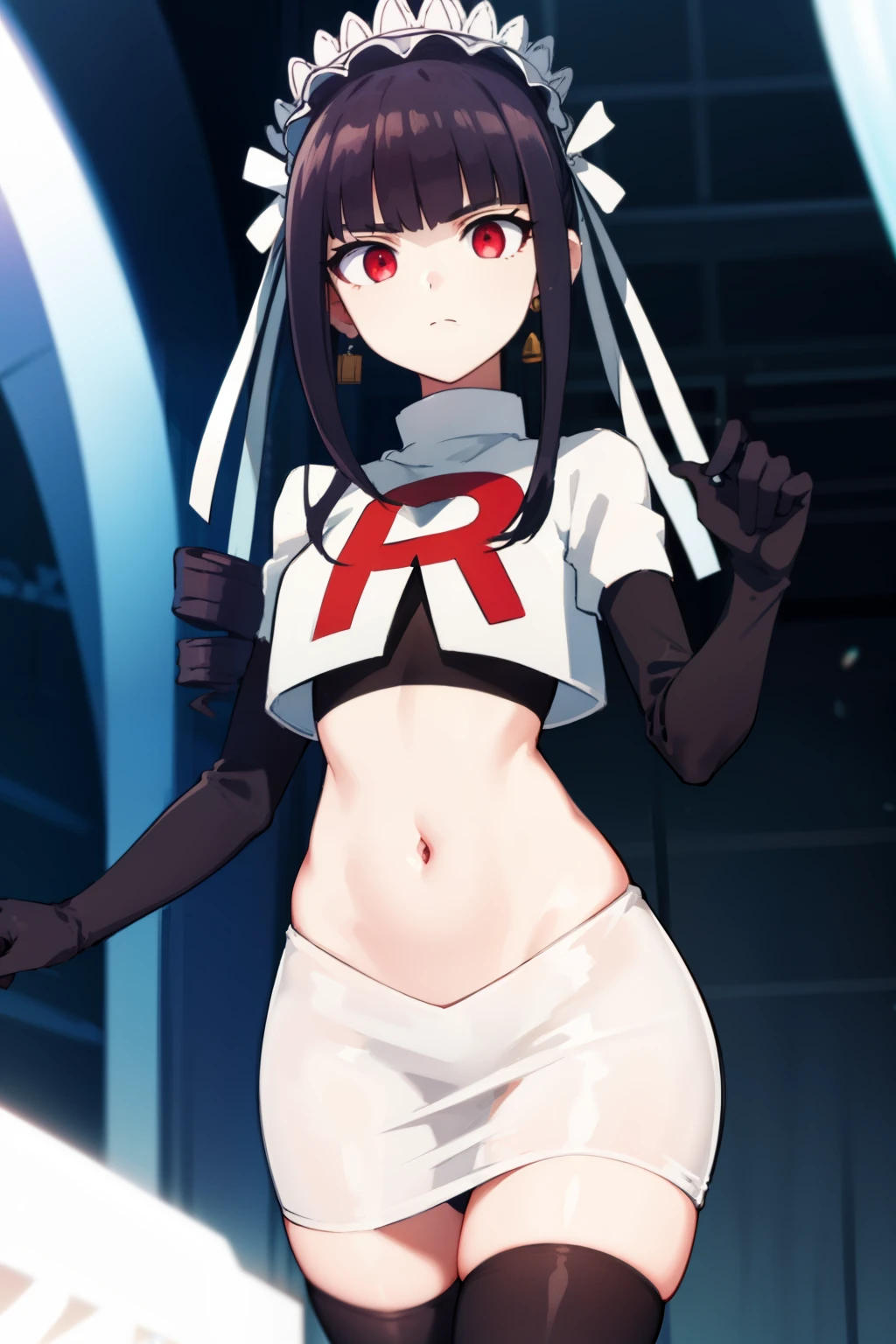 celestialudenberg, celestia ludenberg, long hair, bangs, black hair, (red eyes:1.3), long sleeves, twintails, drill hair, twin drills,
BREAK jewelry, earrings, bonnet, team rocket,team rocket uniform,white skirt,red letter R,crop top,black thigh-highs,black elbow gloves
BREAK looking at viewer, (cowboy shot:1.5),
BREAK (masterpiece:1.2), best quality, high resolution, unity 8k wallpaper, (illustration:0.8), (beautiful detailed eyes:1.6), extremely detailed face, perfect lighting, extremely detailed CG, (perfect hands, perfect anatomy),