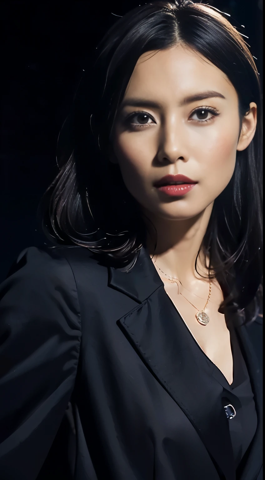 dark and gloomy, 8k, Close-up of a 30-year-old brunette Brazilian businessman on a dark background at night, (Real dark brown hair is straight、there are waves of light) , compensate, red lips, brown eyes, (Wearing a black Chanel tailored blazer, Black silk blouse and black straight pants), looking confident, surreal, {girl with very beautiful olive skin},  (highly detailed skin: 1.2) {{{masterpiece}}}, realistic texture, dynamic composition, Fujifilm XT2, 85mm F1.2, shutter speed 1/80, (Bokeh), high contrast、