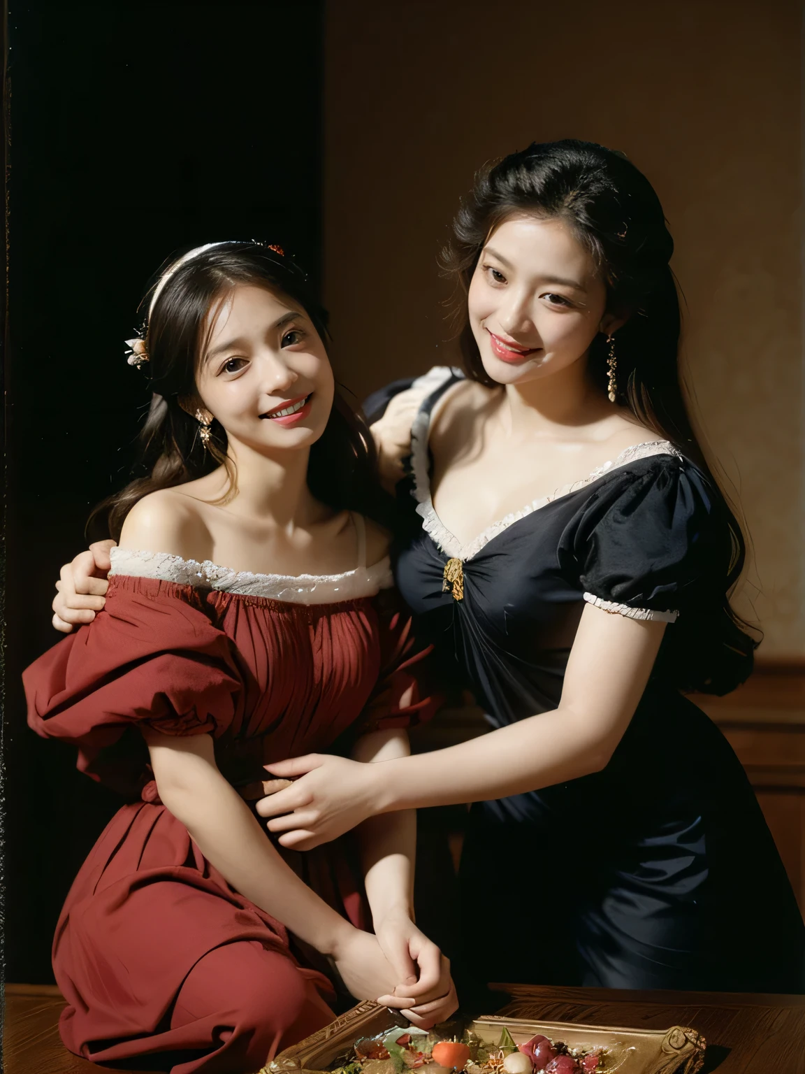 full body portrait ,flower,rose,antique,laughter,,sweet and enchanting appearance.、caravaggio painting、caravaggio'chiaroscuro,Two women having fun,cute smile, expression of ecstasy