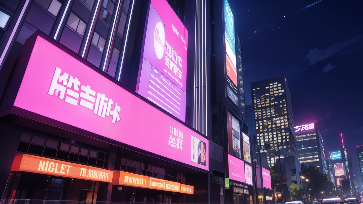 Entrance to a very big bordel, well lit, night, multi-story building, signs, very pink night sky