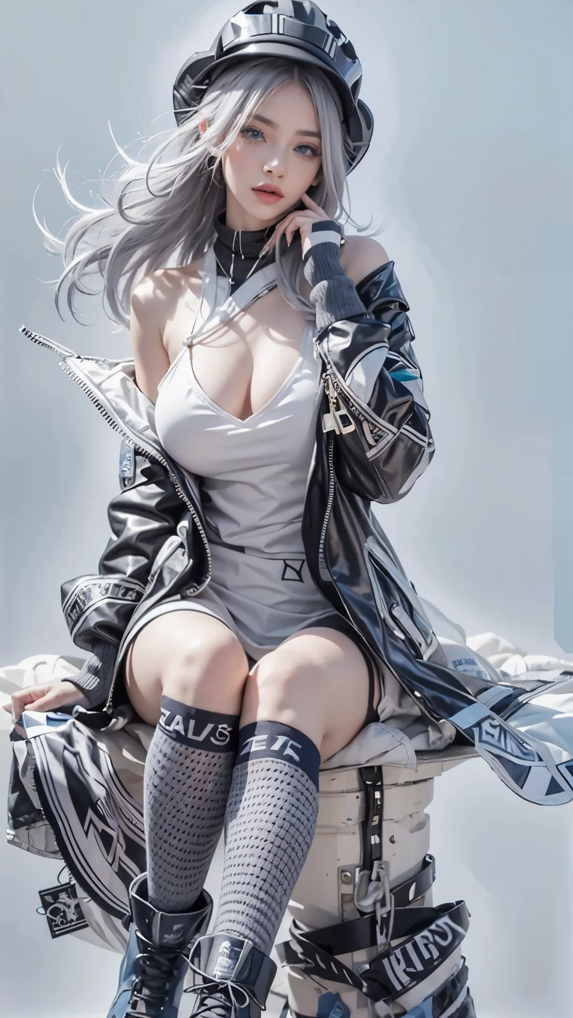 fashion brand collection, highly detailed, beautiful, masterpiece, best quality, Geometric style, abstract beauty,1 girl, 150cm, Full-body muscle, (all body shot, sitting and posing:1.3), dynamic pose, approaching perfection, digital painting, artstation, (concept art:1.3), illustration, white and black colors, Geometric patterns, abstract forms, Complex, surreal, BREAK latex, Glossy, Liquid, rubber, (casual fashion and Cyber taste fashion), Coexistence of baggy and Tight wear, baggy sleeve, Scattered geometry, Face mask, Sports cap, (long length muffler), (striped Socks with zettai ryouiki:1.2), boots taste Sneaker, Artistic complicated background, (gray hair, blue eyes, white lightning:1.3),