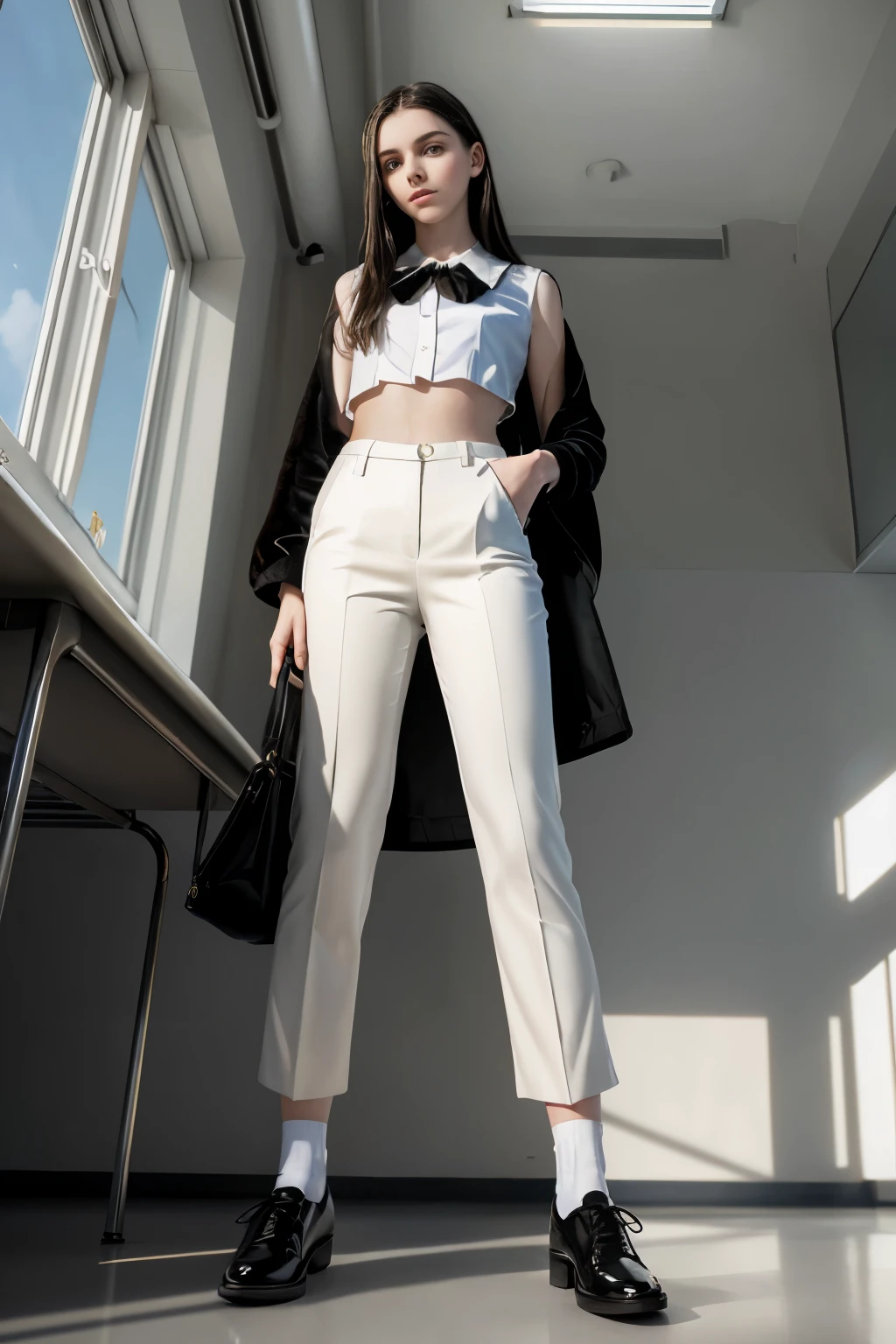 masterpiece, best quality, hyperrealistic, cinematic photo, girl, pale skin, American amazing slim body, ((White cropped blouse)), ((black velvet trousers, black school shoes)), long brown straight hair, perfect slender legs, wide hips, perfect hands, beautiful face, perfect face, youthful, (blured background), modern style, from below, (low-angle shoot), low_angle_human, towering, (full body shot), standing, underneath shot, (view viewer), looking at viewer,(8k, epic composition, photorealistic, sharp focus), detailed background, ((School cafeteria)), DSLR, foil grain, window light